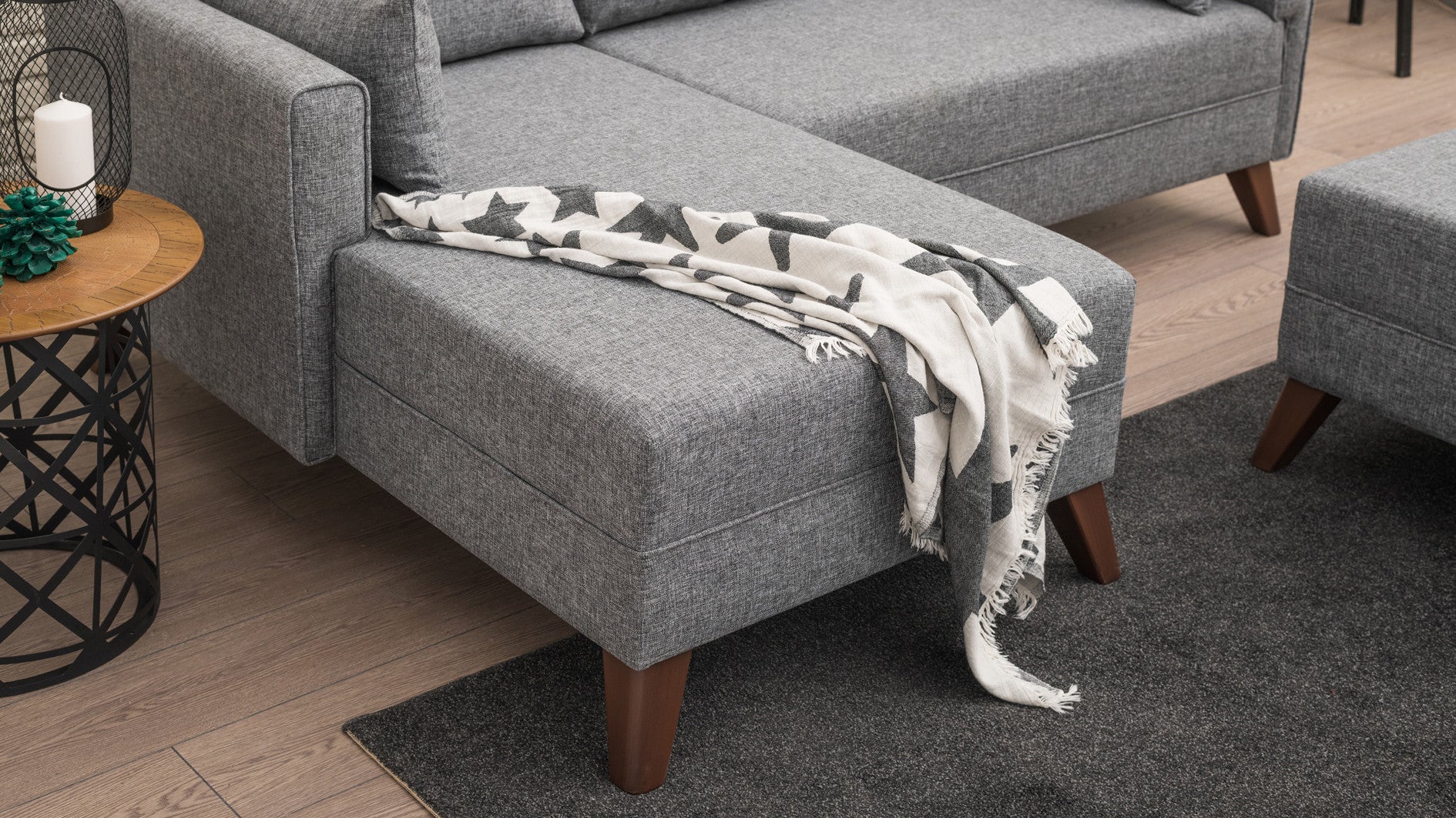 Sofá-cama de canto moderno, tecido cinza, 205 x 85 x 140 cm | 100% poliéster, espuma 28 DNS, fácil de limpar, design escandinavo elegante, perfeito para espaços pequenos