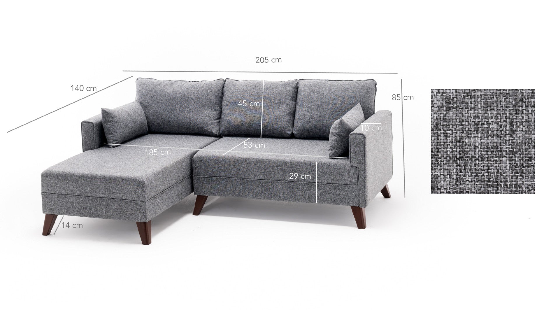 Sofá-cama de canto moderno, tecido cinza, 205 x 85 x 140 cm | 100% poliéster, espuma 28 DNS, fácil de limpar, design escandinavo elegante, perfeito para espaços pequenos