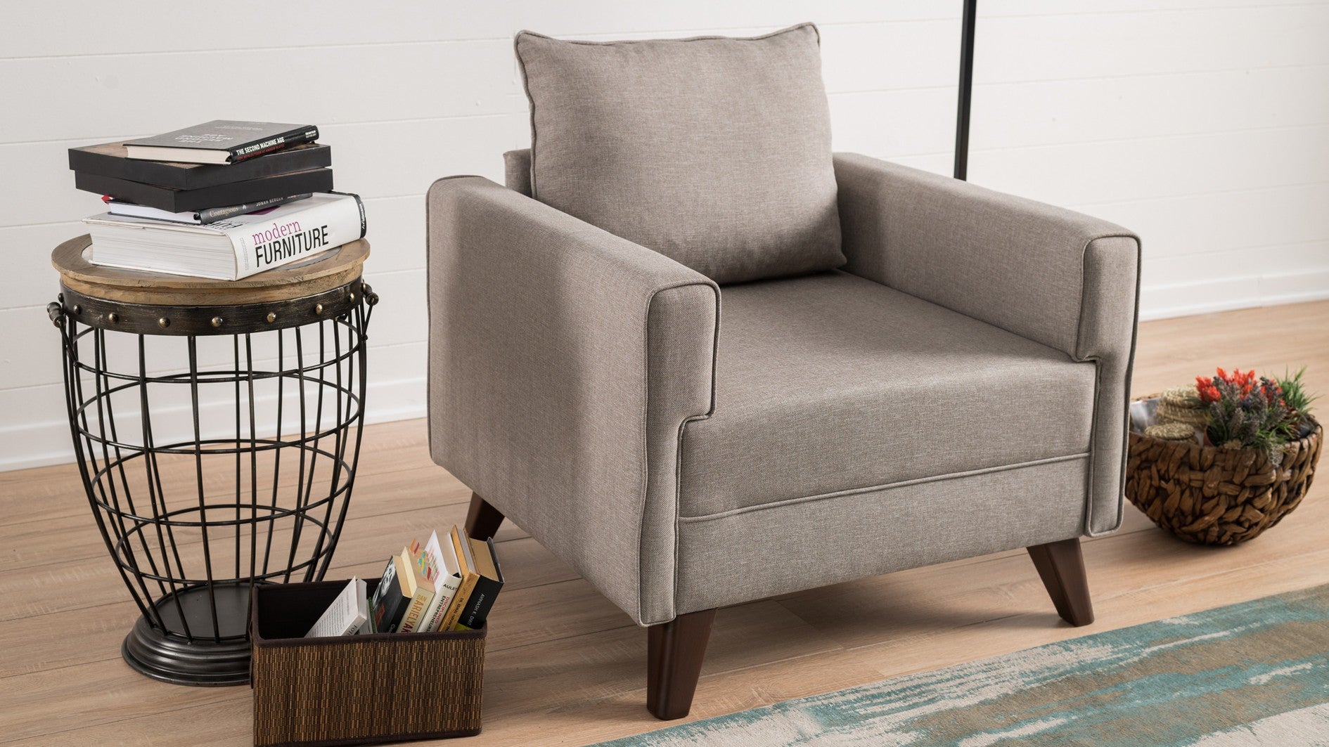 Sofá moderno de 1 lugar, cor creme, 82 x 85 x 81 cm | Estrutura de madeira/MDF durável, tecido 100% poliéster, fácil de limpar | Design escandinavo elegante para residências e hotéis