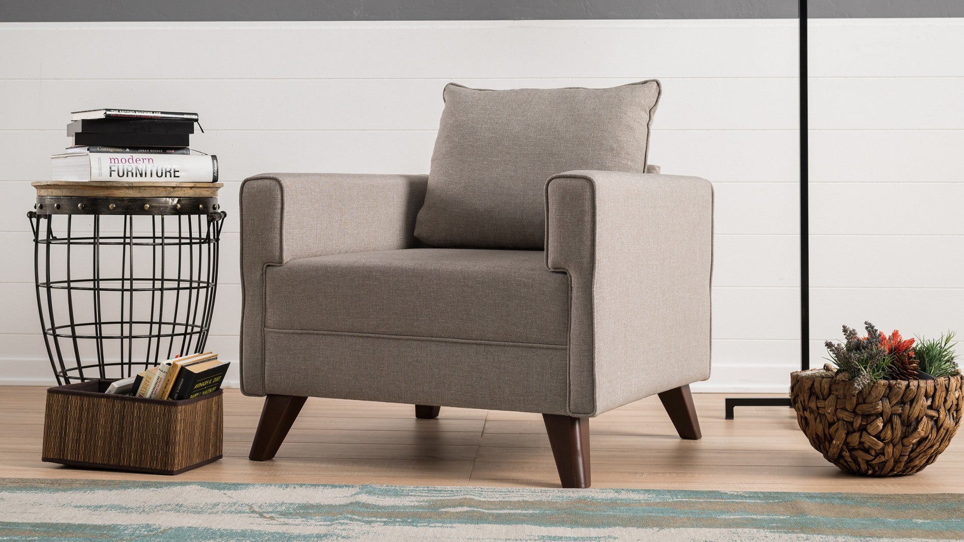 Sofá moderno de 1 lugar, cor creme, 82 x 85 x 81 cm | Estrutura de madeira/MDF durável, tecido 100% poliéster, fácil de limpar | Design escandinavo elegante para residências e hotéis
