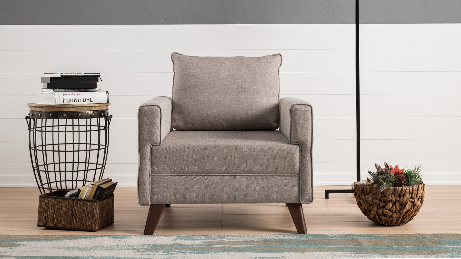 Sofá moderno de 1 lugar, cor creme, 82 x 85 x 81 cm | Estrutura de madeira/MDF durável, tecido 100% poliéster, fácil de limpar | Design escandinavo elegante para residências e hotéis