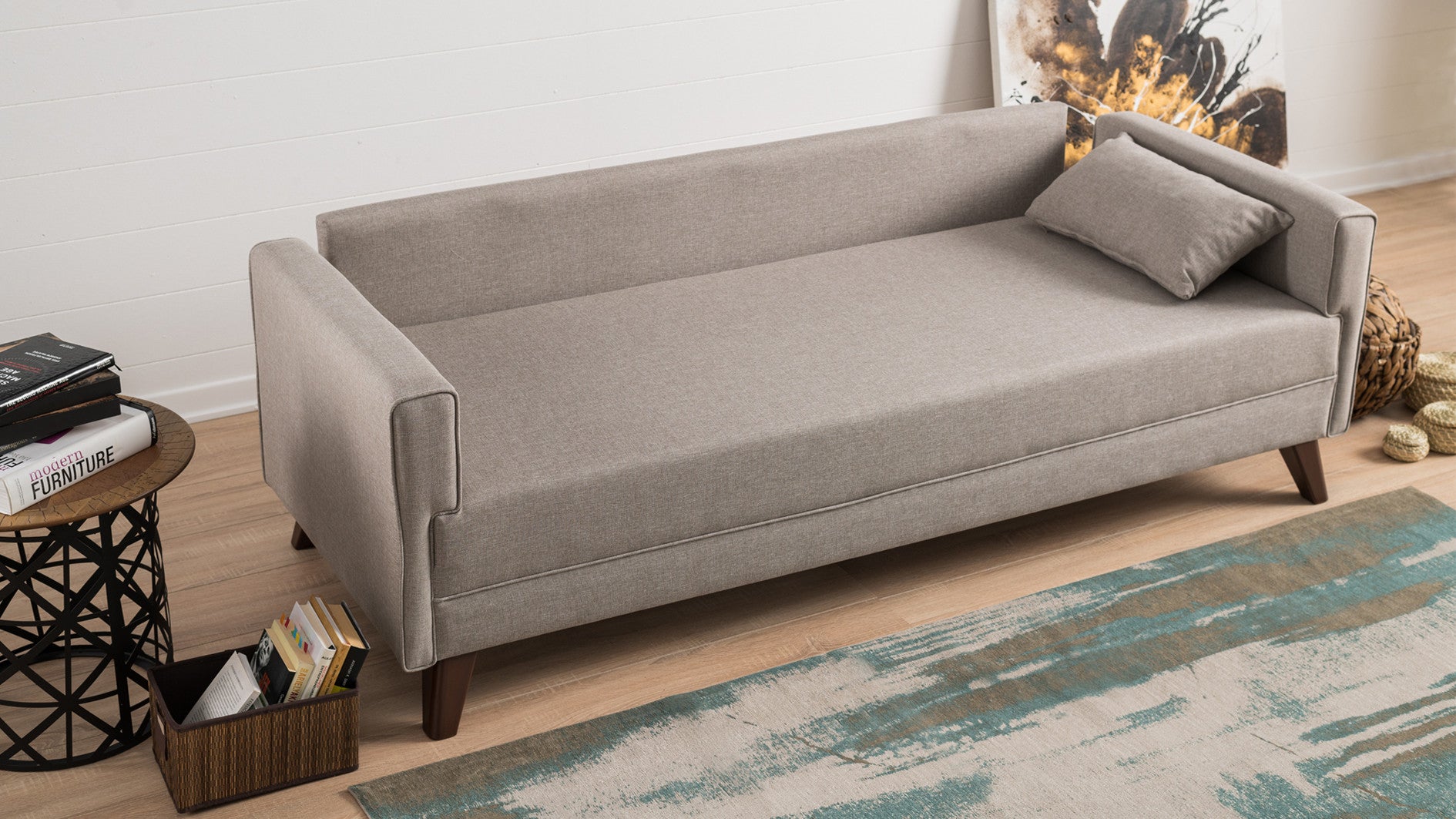 Sofá moderno de 3 lugares, cor creme, 208 cm | Estrutura de madeira/MDF, 100% poliéster, tecido de fácil limpeza, espuma 28 DNS, design escandinavo elegante