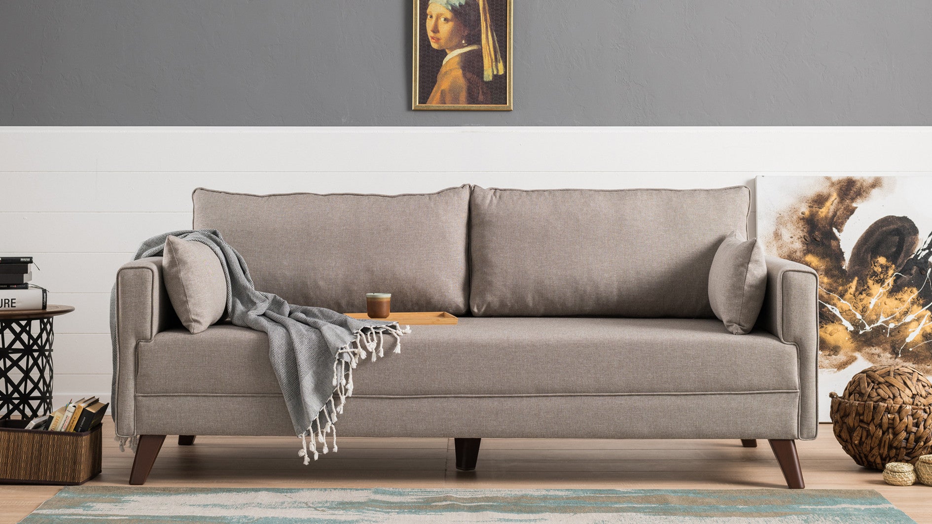 Sofá-cama moderno de 3 lugares, creme, 208 cm | Estrutura de madeira/MDF, 100% poliéster, fácil de limpar | Tamanho da cama: 150 x 190 cm, design escandinavo elegante