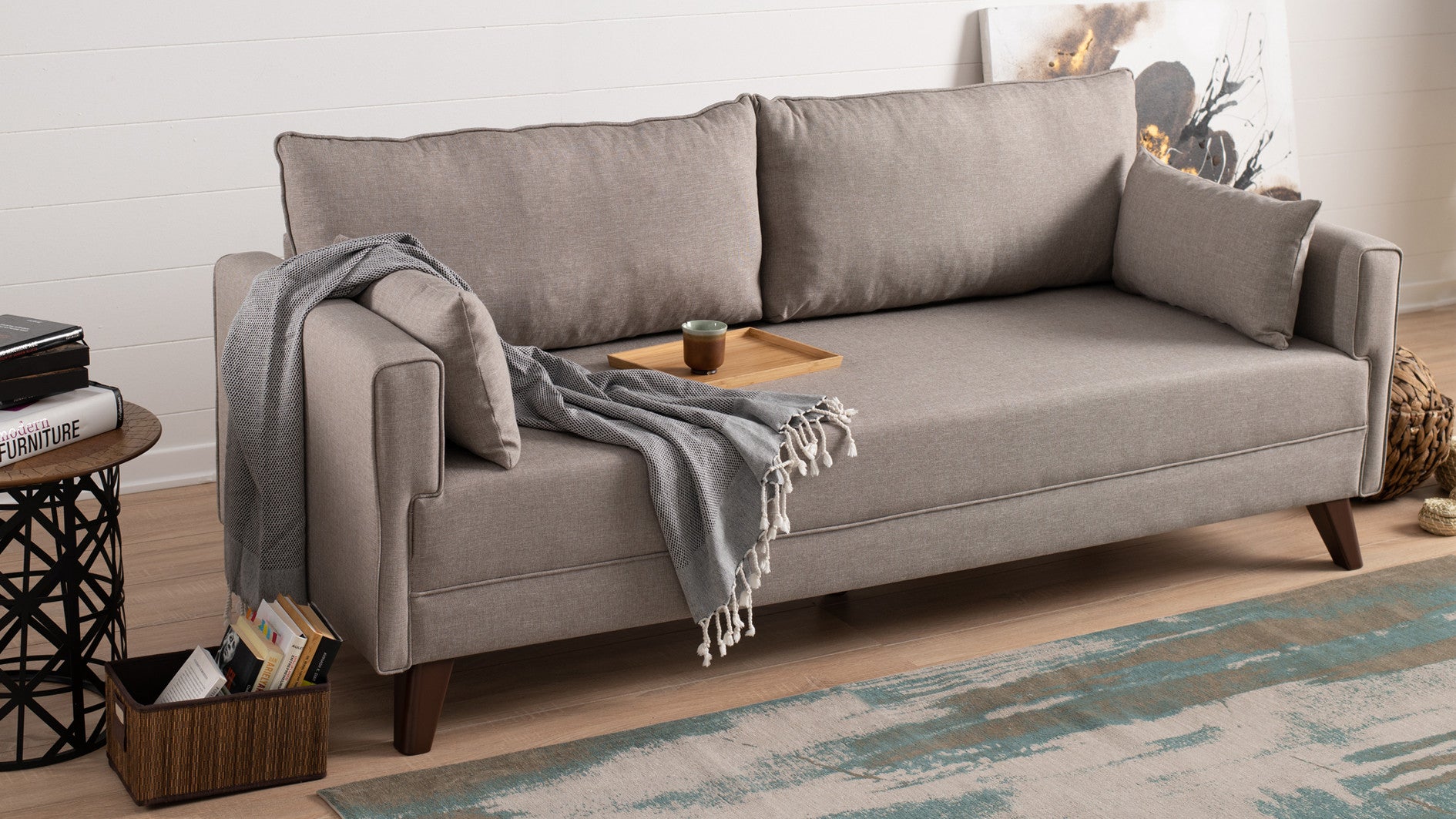 Sofá-cama moderno de 3 lugares, creme, 208 cm | Estrutura de madeira/MDF, 100% poliéster, fácil de limpar | Tamanho da cama: 150 x 190 cm, design escandinavo elegante