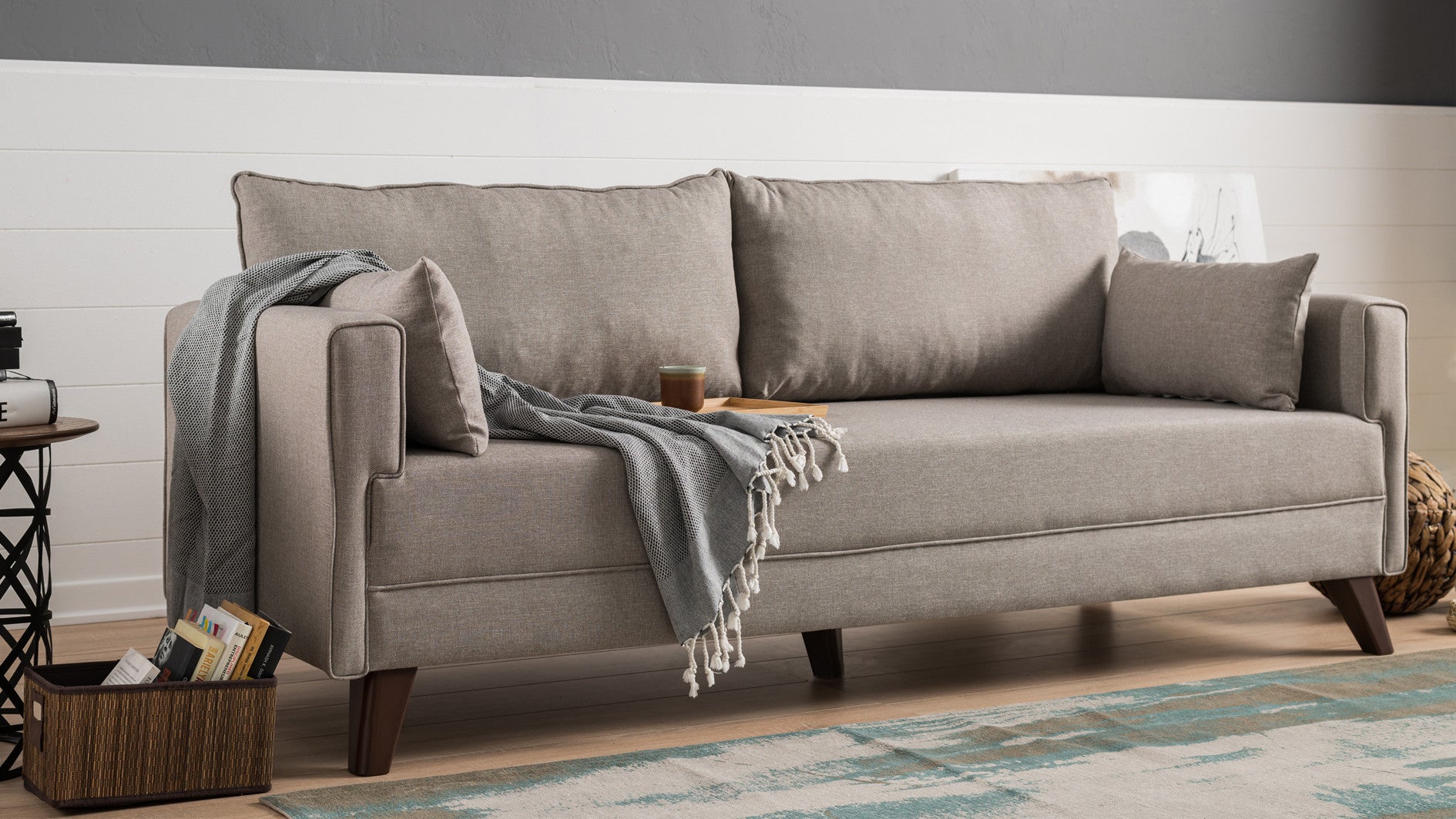 Sofá-cama moderno de 3 lugares, creme, 208 cm | Estrutura de madeira/MDF, 100% poliéster, fácil de limpar | Tamanho da cama: 150 x 190 cm, design escandinavo elegante