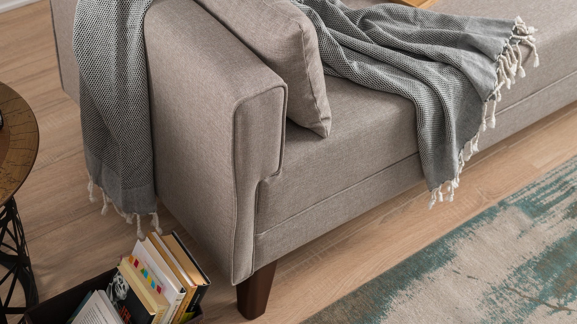Sofá-cama moderno de 3 lugares, creme, 208 cm | Estrutura de madeira/MDF, 100% poliéster, fácil de limpar | Tamanho da cama: 150 x 190 cm, design escandinavo elegante
