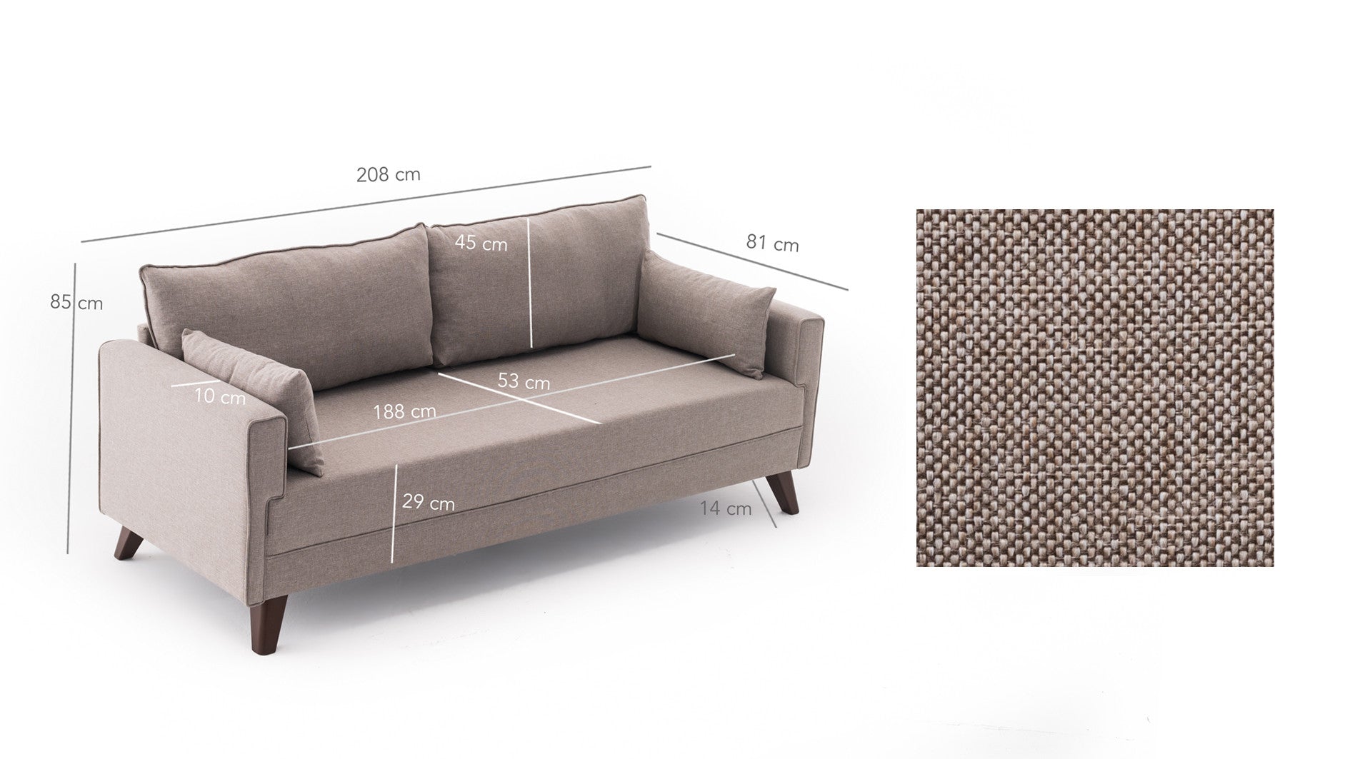 Sofá-cama moderno de 3 lugares, creme, 208 cm | Estrutura de madeira/MDF, 100% poliéster, fácil de limpar | Tamanho da cama: 150 x 190 cm, design escandinavo elegante