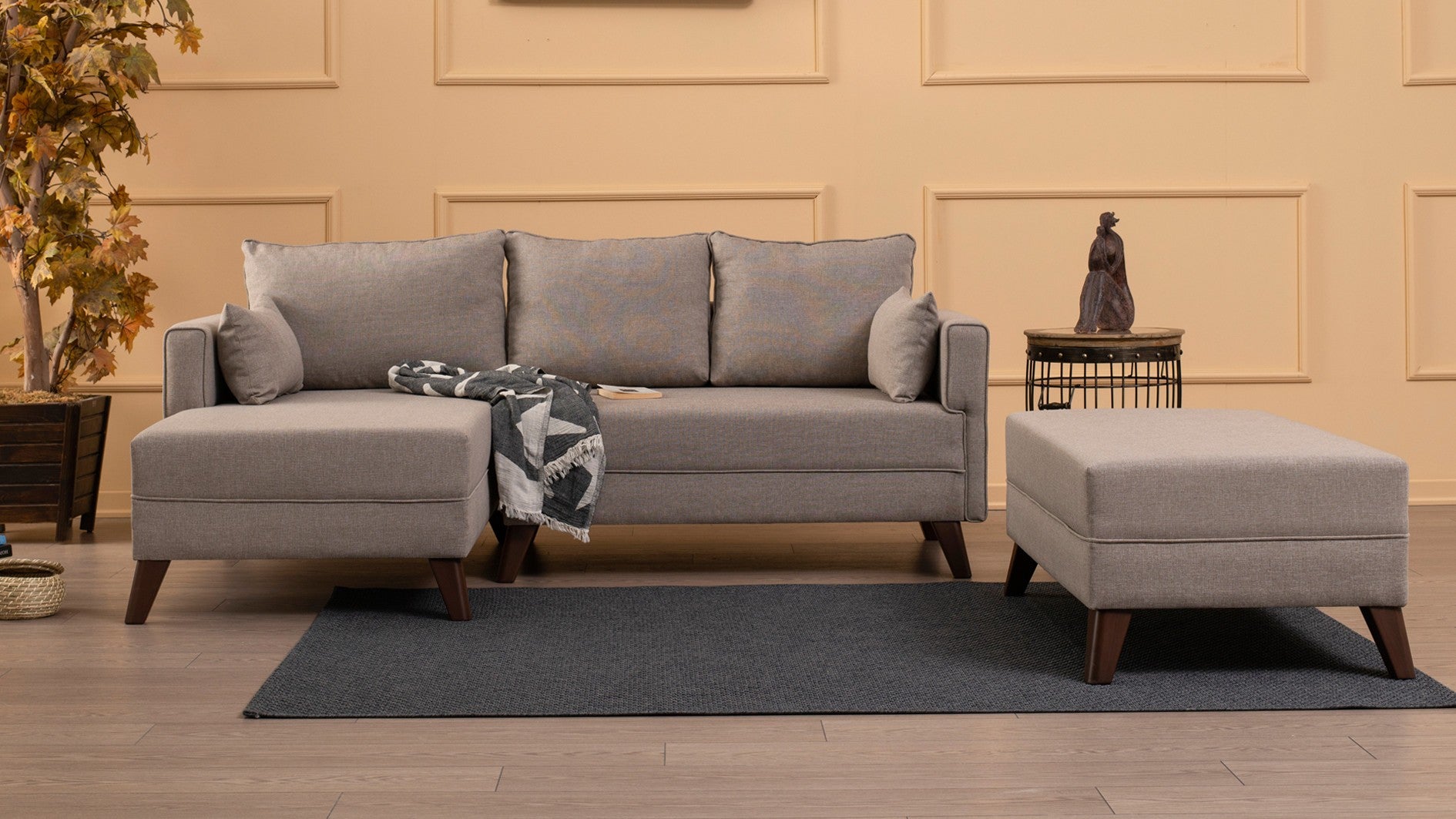 Sofá-cama de canto moderno, creme, 205 x 85 x 140 cm | 100% poliéster, espuma 28 DNS, fácil de limpar | Design escandinavo elegante para conforto e versatilidade