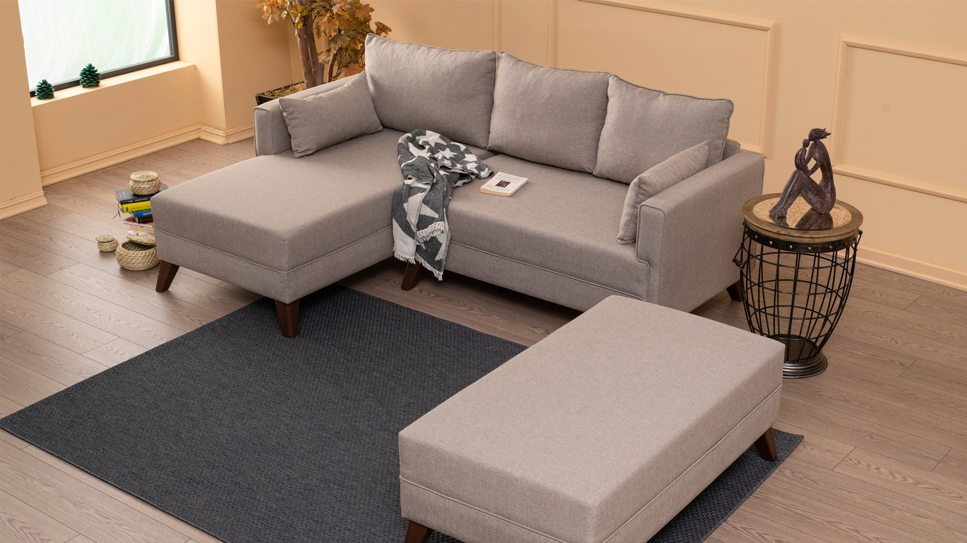 Sofá-cama de canto moderno, creme, 205 x 85 x 140 cm | 100% poliéster, espuma 28 DNS, fácil de limpar | Design escandinavo elegante para conforto e versatilidade