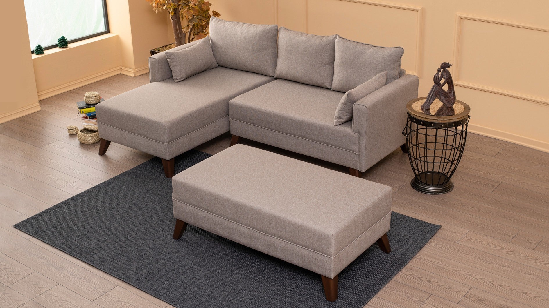 Sofá-cama de canto moderno, creme, 205 x 85 x 140 cm | 100% poliéster, espuma 28 DNS, fácil de limpar | Design escandinavo elegante para conforto e versatilidade