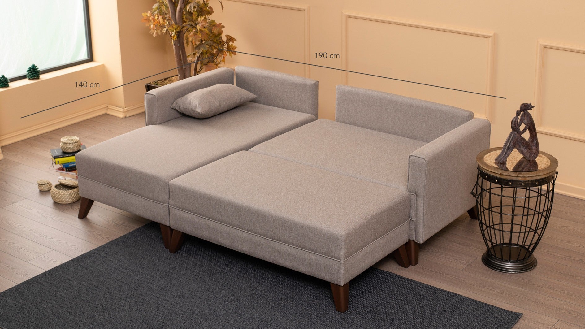 Sofá-cama de canto moderno, creme, 205 x 85 x 140 cm | 100% poliéster, espuma 28 DNS, fácil de limpar | Design escandinavo elegante para conforto e versatilidade