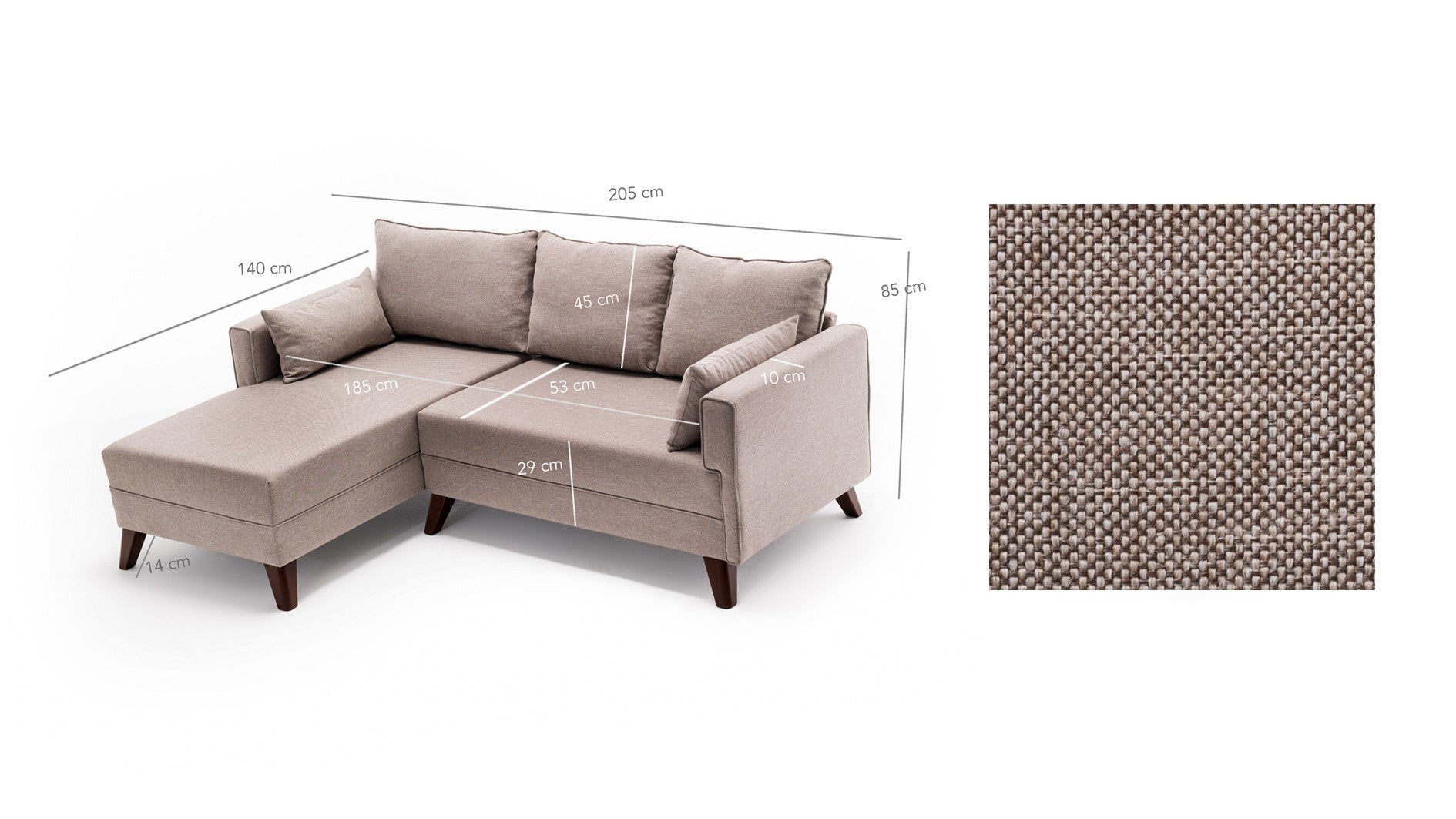 Sofá-cama de canto moderno, creme, 205 x 85 x 140 cm | 100% poliéster, espuma 28 DNS, fácil de limpar | Design escandinavo elegante para conforto e versatilidade