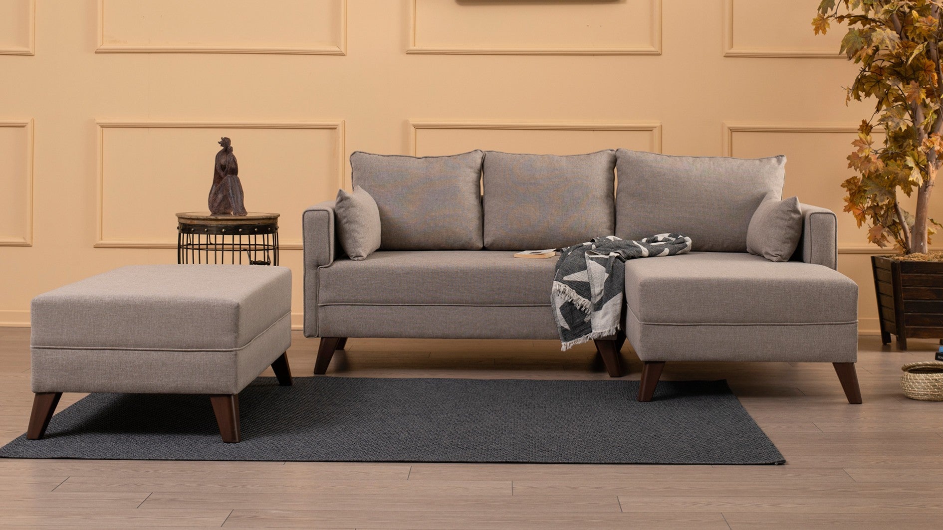 Sofá-cama de canto moderno, creme, 205 x 85 x 140 cm | 100% poliéster, espuma 28 DNS, fácil de limpar | Design escandinavo elegante, perfeito para espaços pequenos
