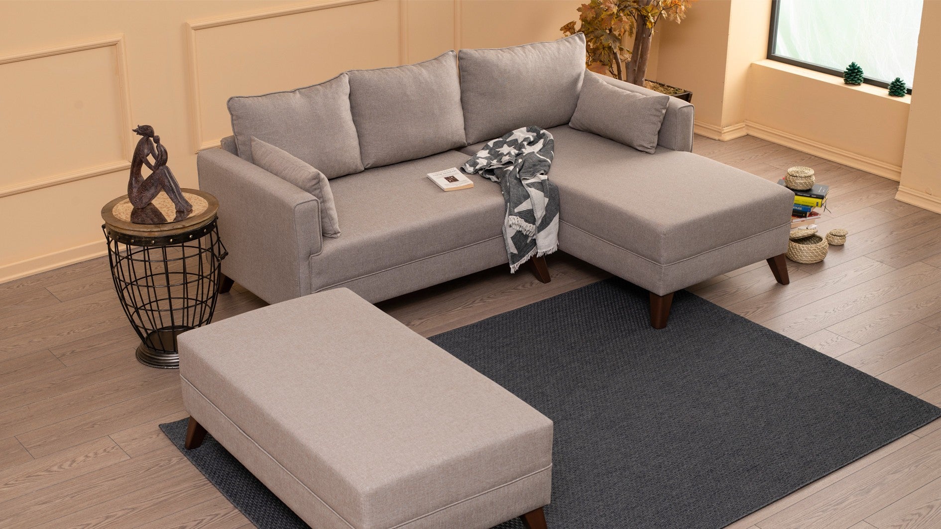 Sofá-cama de canto moderno, creme, 205 x 85 x 140 cm | 100% poliéster, espuma 28 DNS, fácil de limpar | Design escandinavo elegante, perfeito para espaços pequenos