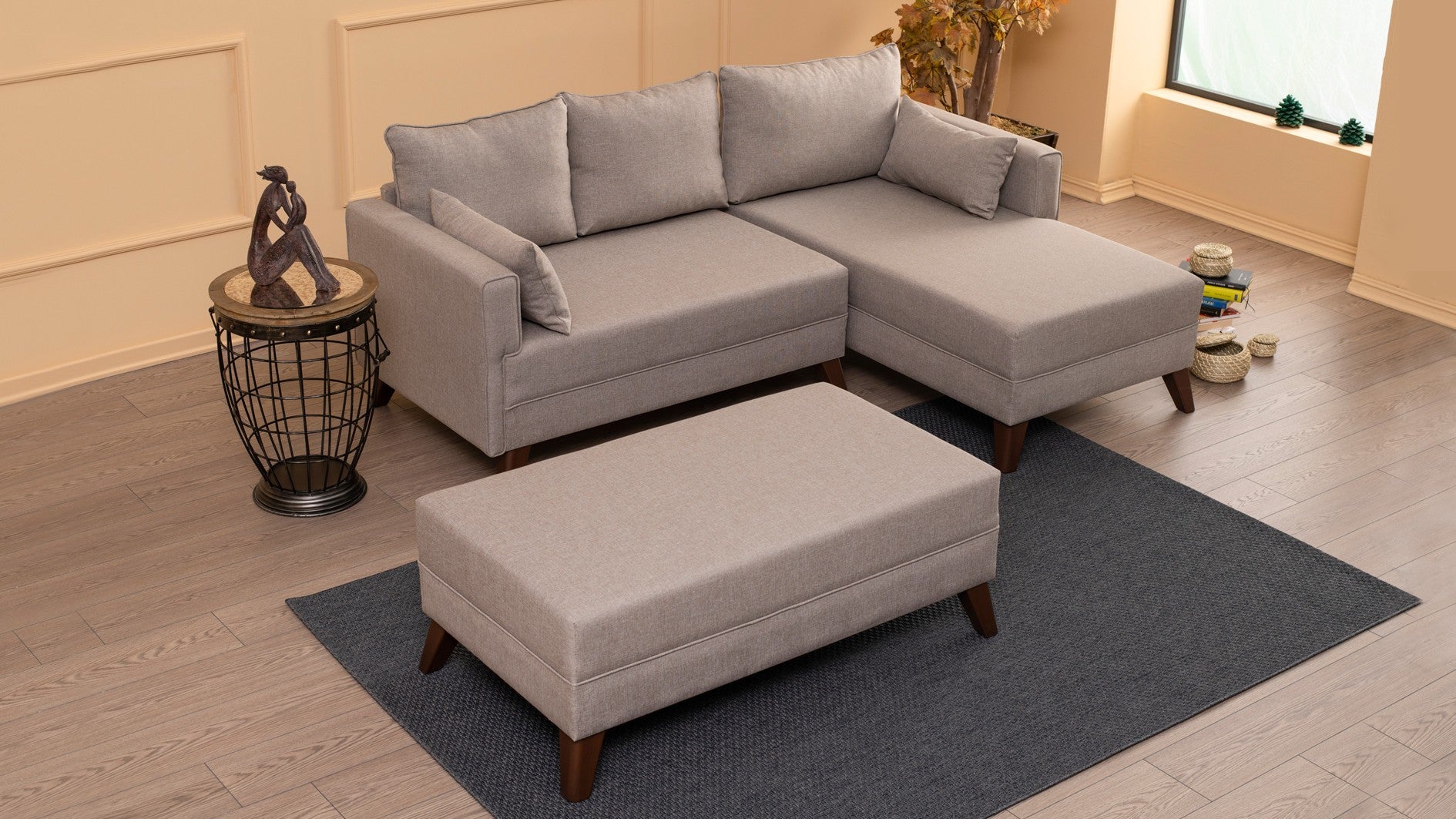 Sofá-cama de canto moderno, creme, 205 x 85 x 140 cm | 100% poliéster, espuma 28 DNS, fácil de limpar | Design escandinavo elegante, perfeito para espaços pequenos
