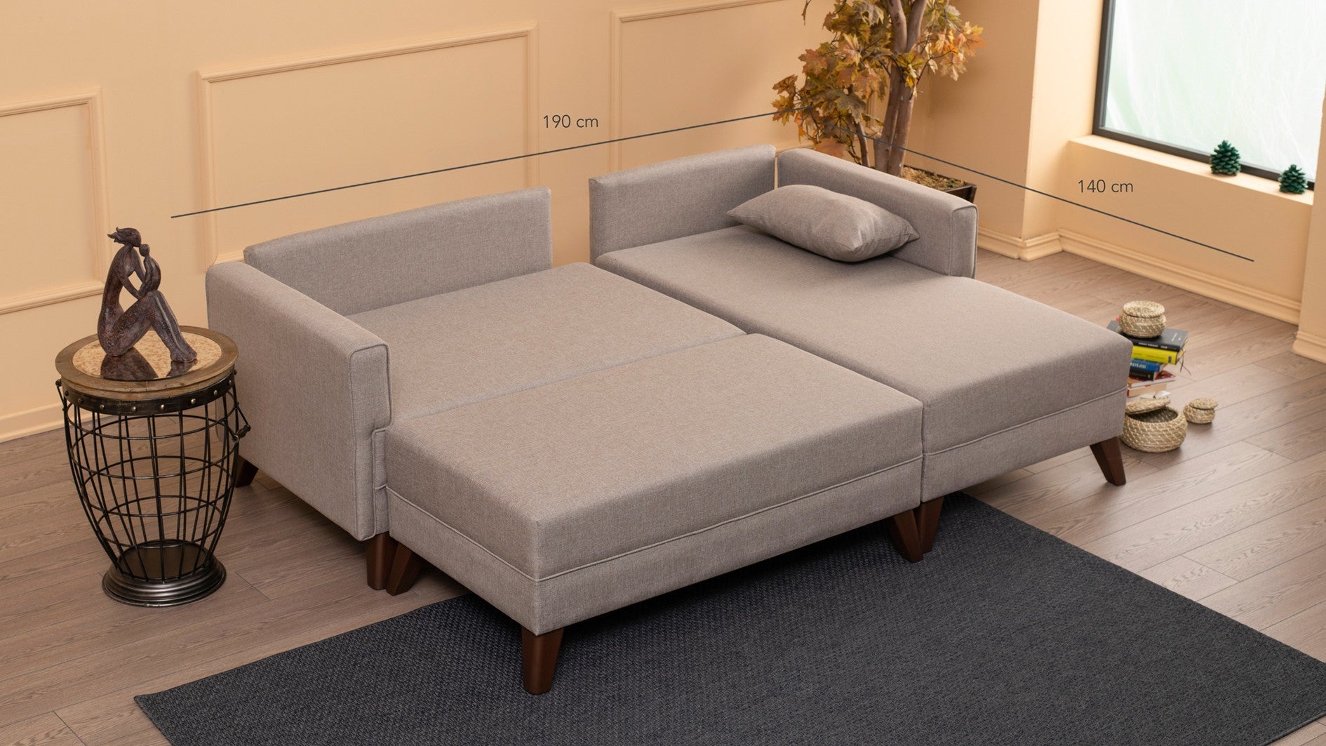 Sofá-cama de canto moderno, creme, 205 x 85 x 140 cm | 100% poliéster, espuma 28 DNS, fácil de limpar | Design escandinavo elegante, perfeito para espaços pequenos