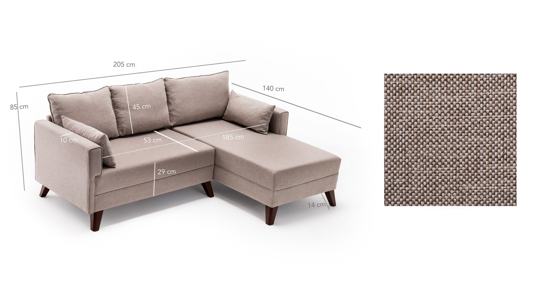 Sofá-cama de canto moderno, creme, 205 x 85 x 140 cm | 100% poliéster, espuma 28 DNS, fácil de limpar | Design escandinavo elegante, perfeito para espaços pequenos