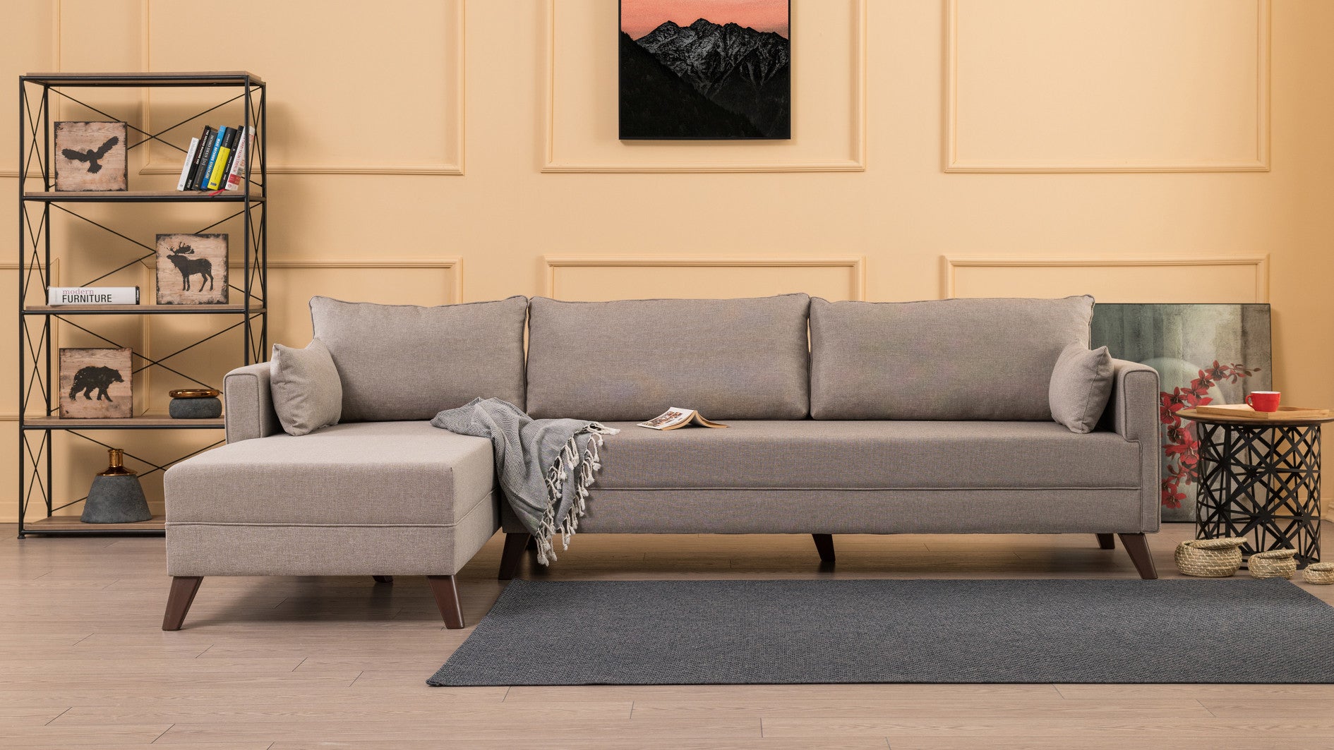 Sofá de canto moderno, cor creme, 275 cm | 100% poliéster, espuma 28 DNS, fácil de limpar | Design escandinavo elegante com pernas de nogueira, perfeito para salas de estar