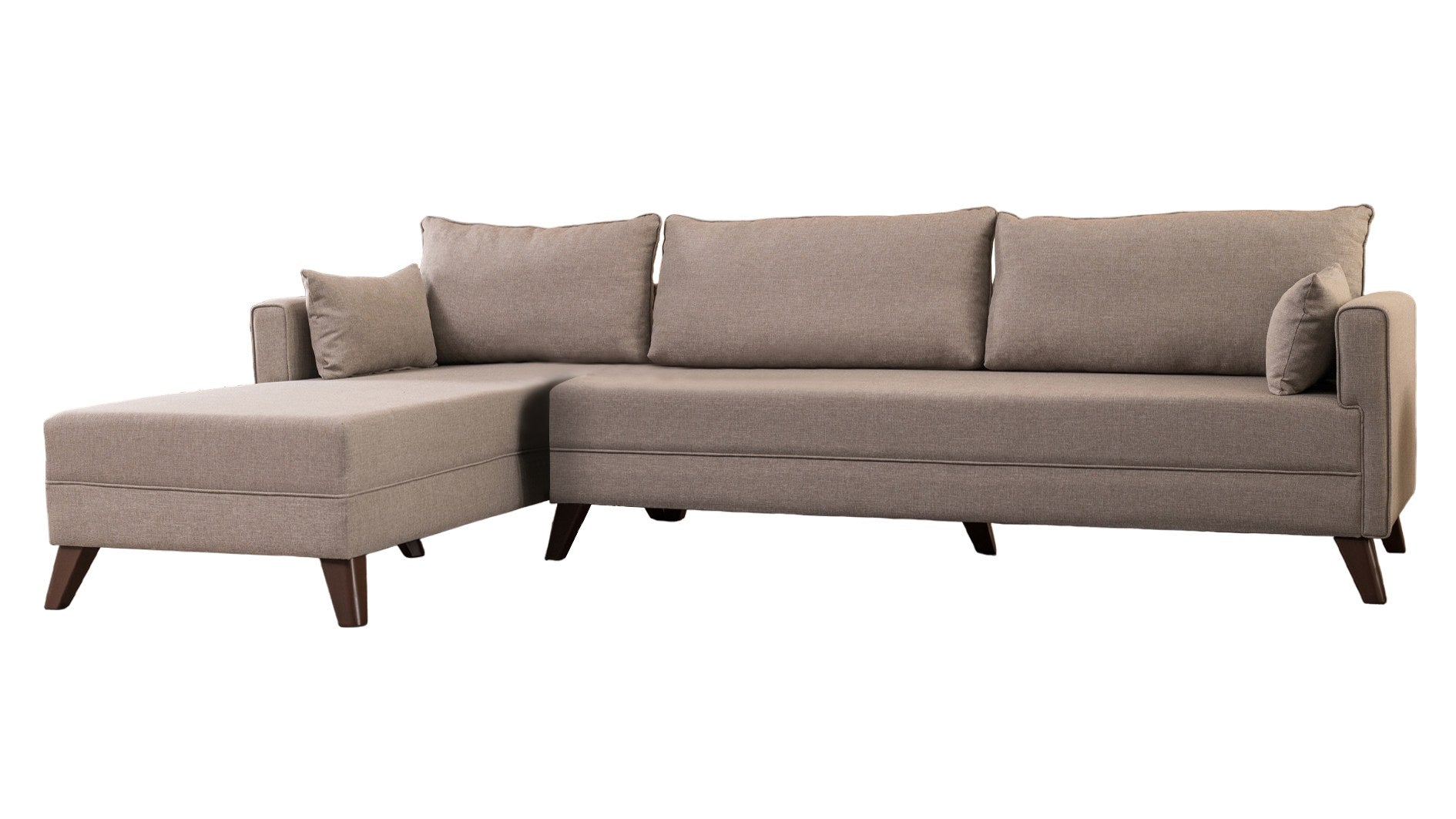 Sofá de canto moderno, cor creme, 275 cm | 100% poliéster, espuma 28 DNS, fácil de limpar | Design escandinavo elegante com pernas de nogueira, perfeito para salas de estar