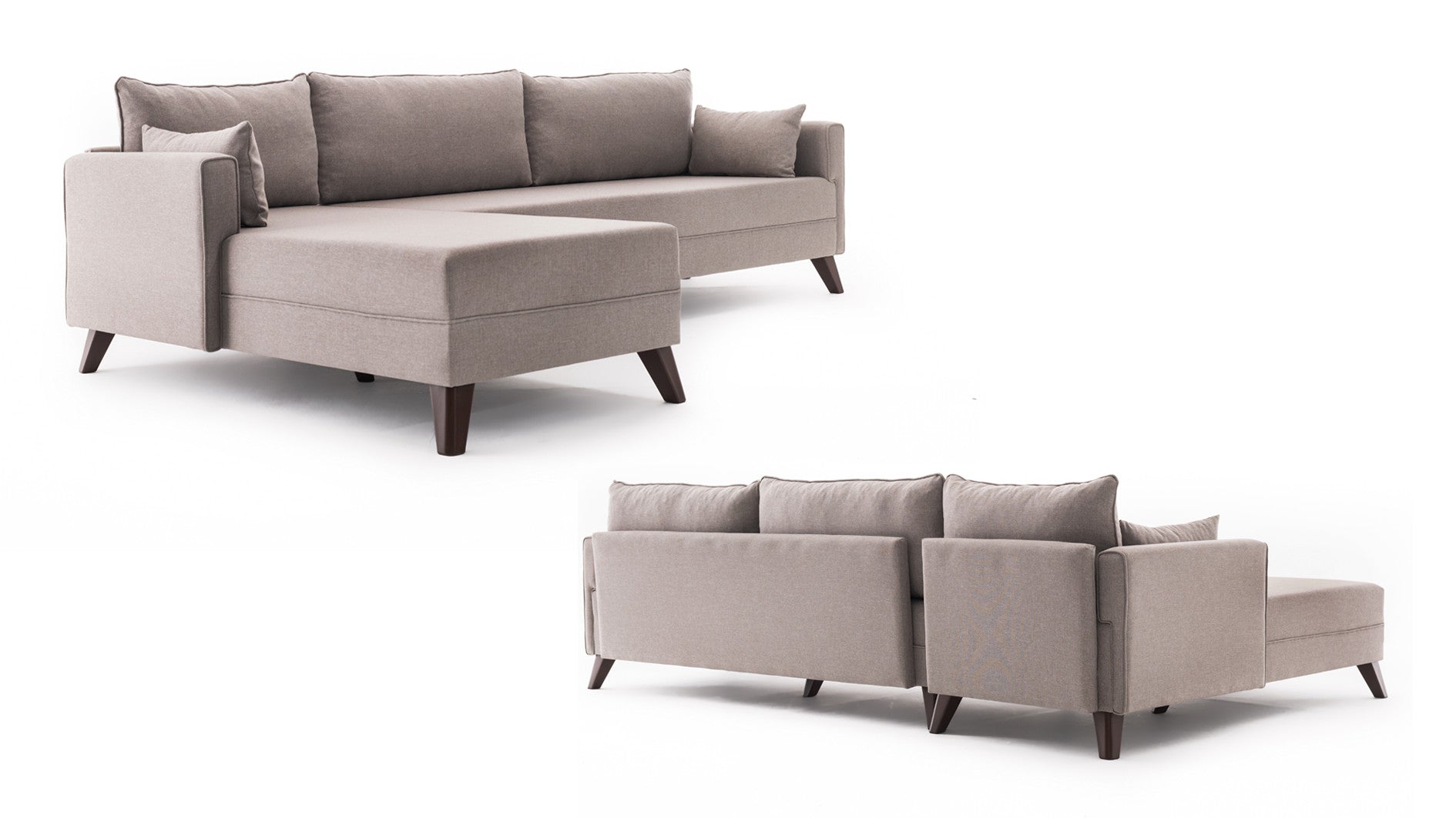 Sofá de canto moderno, cor creme, 275 cm | 100% poliéster, espuma 28 DNS, fácil de limpar | Design escandinavo elegante com pernas de nogueira, perfeito para salas de estar
