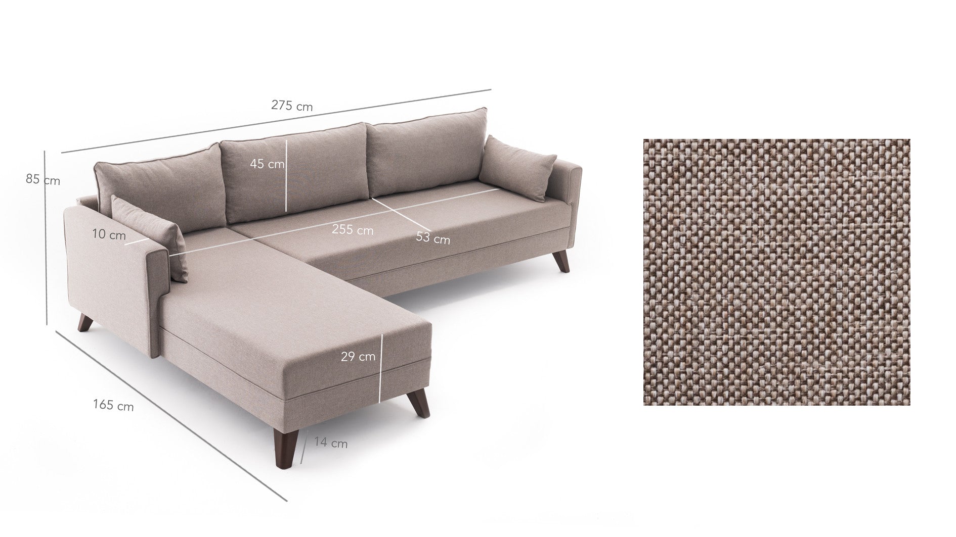 Sofá de canto moderno, cor creme, 275 cm | 100% poliéster, espuma 28 DNS, fácil de limpar | Design escandinavo elegante com pernas de nogueira, perfeito para salas de estar