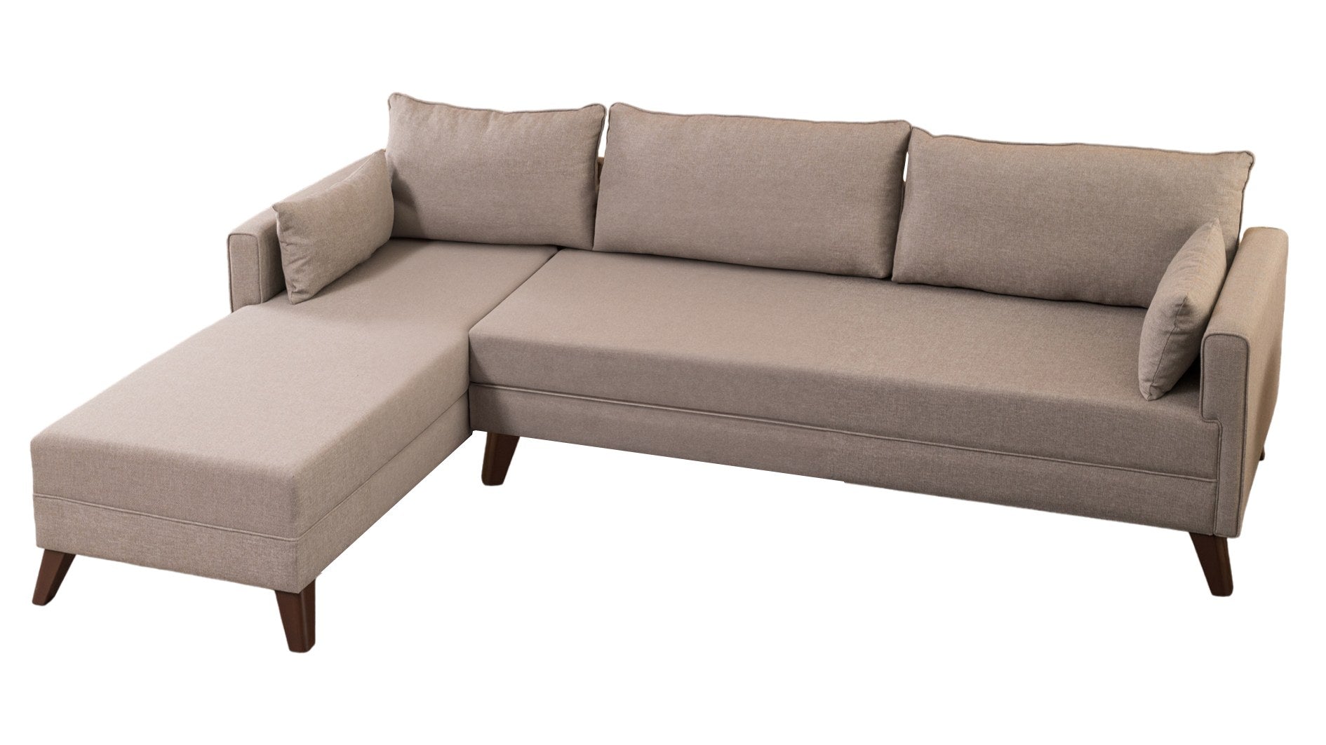 Sofá de canto moderno, cor creme, 275 cm | 100% poliéster, espuma 28 DNS, fácil de limpar | Design escandinavo elegante com pernas de nogueira, perfeito para salas de estar