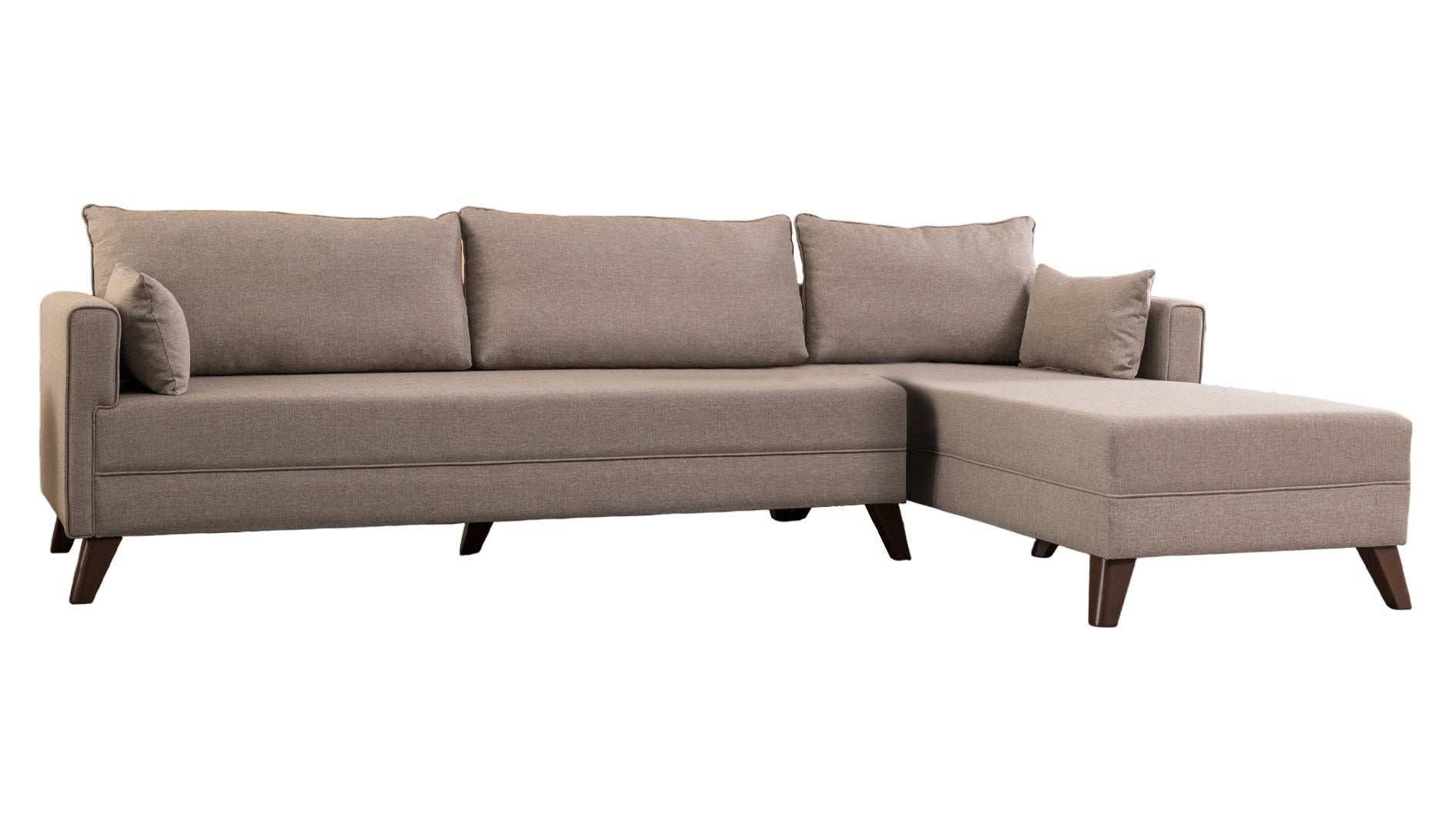 Sofá de canto moderno, cor creme, 275 cm | 100% poliéster, espuma 28 DNS, fácil de limpar | Design escandinavo elegante com pernas de nogueira, perfeito para salas de estar