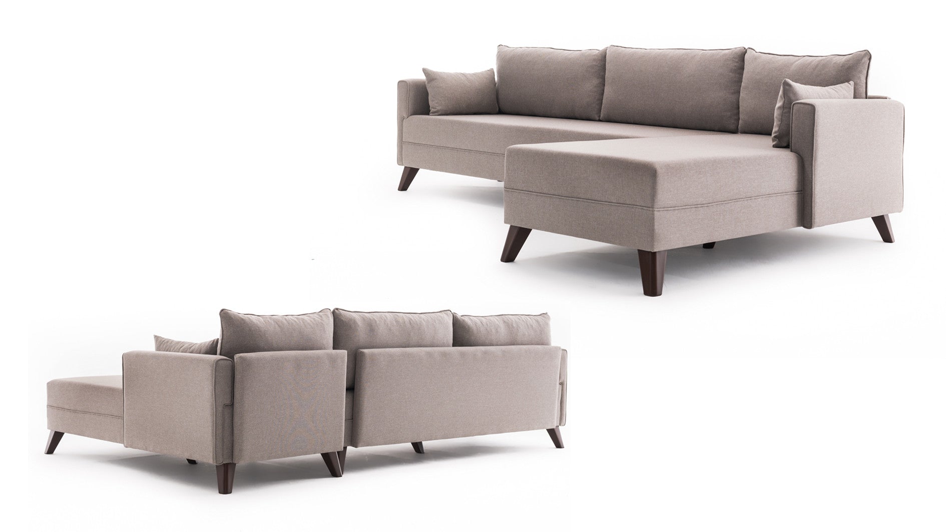 Sofá de canto moderno, cor creme, 275 cm | 100% poliéster, espuma 28 DNS, fácil de limpar | Design escandinavo elegante com pernas de nogueira, perfeito para salas de estar