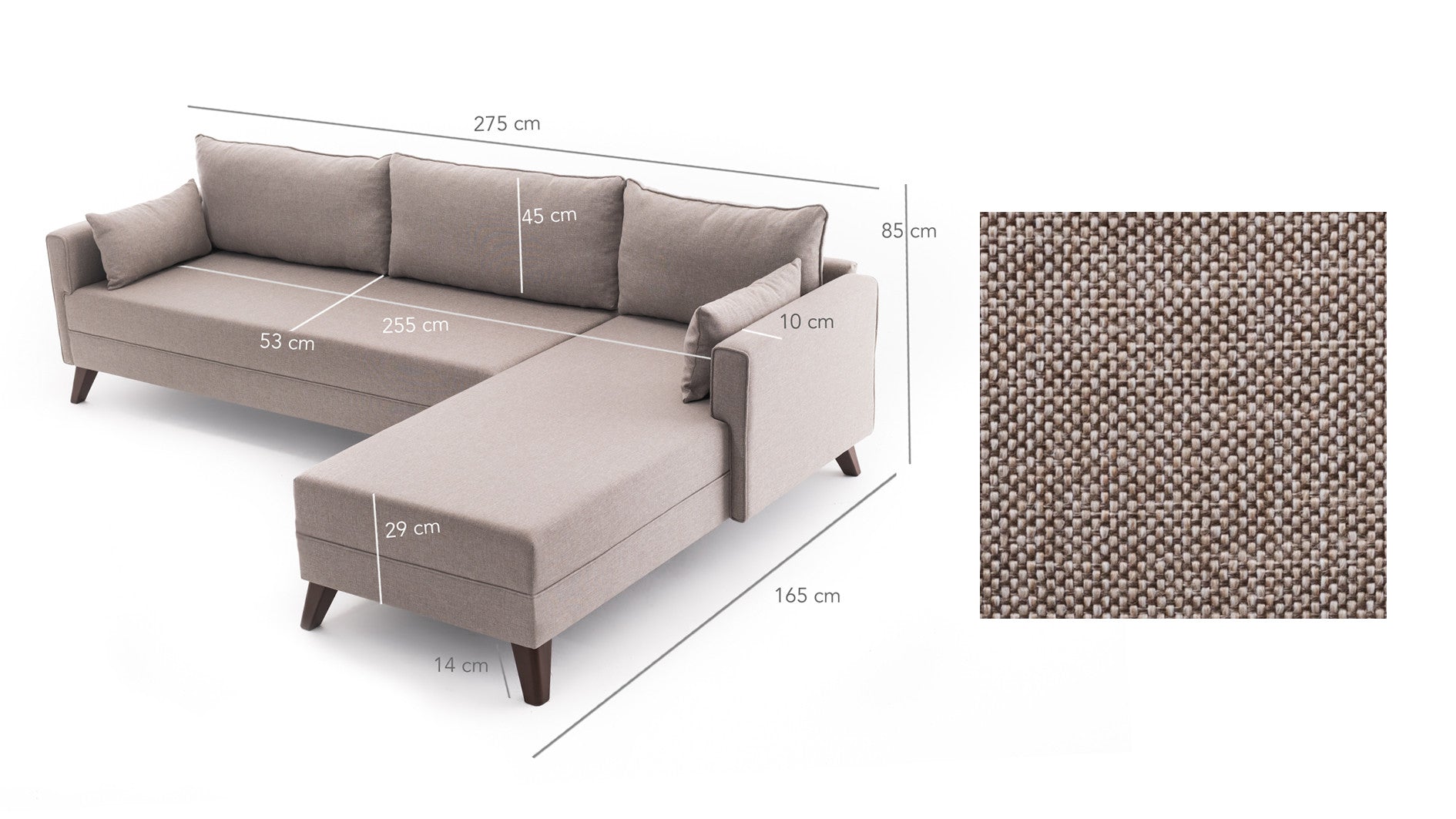 Sofá de canto moderno, cor creme, 275 cm | 100% poliéster, espuma 28 DNS, fácil de limpar | Design escandinavo elegante com pernas de nogueira, perfeito para salas de estar