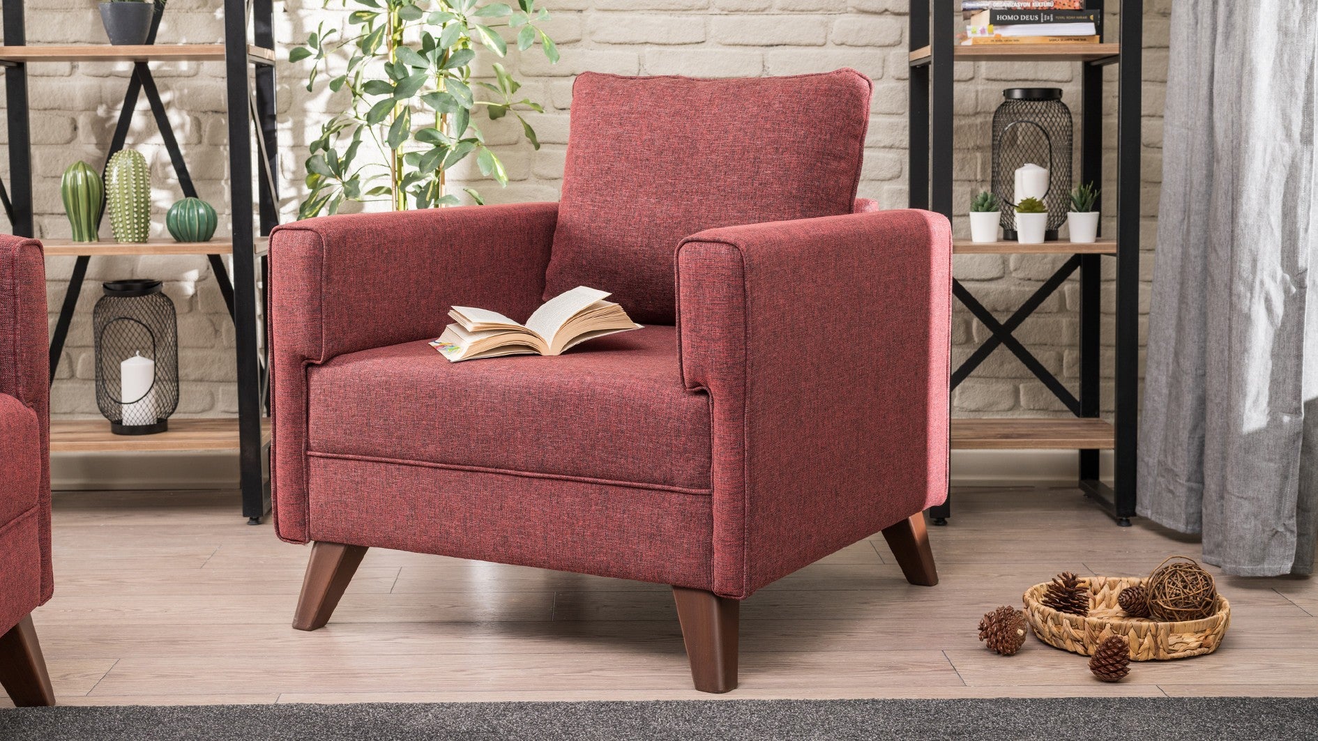 Sofá de 1 lugar vermelho Claret, design moderno, 82 x 85 x 81 cm | Estrutura de madeira/MDF durável, 100% poliéster, fácil de limpar, espuma confortável de 28 DNS | Elegante para casa e hotel