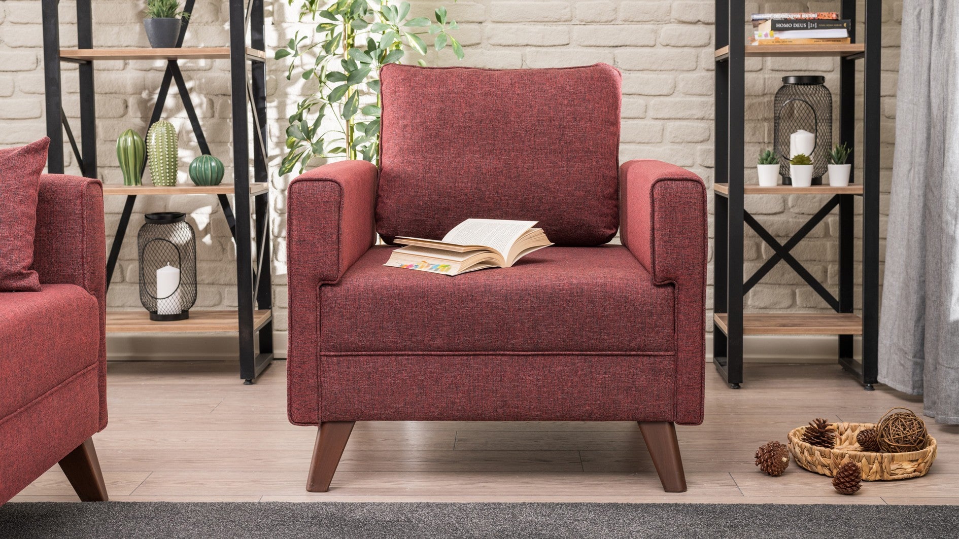 Sofá de 1 lugar vermelho Claret, design moderno, 82 x 85 x 81 cm | Estrutura de madeira/MDF durável, 100% poliéster, fácil de limpar, espuma confortável de 28 DNS | Elegante para casa e hotel