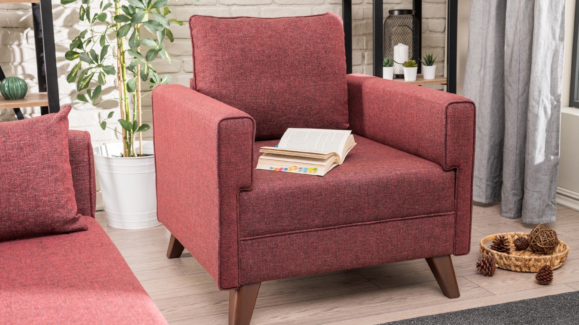 Sofá de 1 lugar vermelho Claret, design moderno, 82 x 85 x 81 cm | Estrutura de madeira/MDF durável, 100% poliéster, fácil de limpar, espuma confortável de 28 DNS | Elegante para casa e hotel