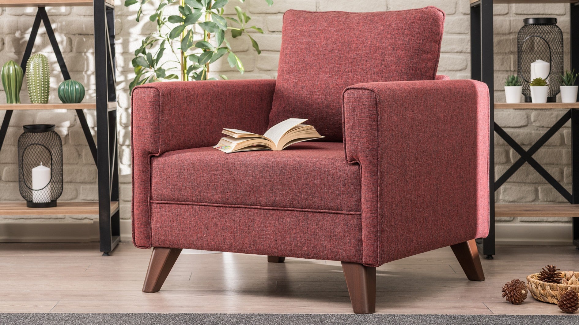 Sofá de 1 lugar vermelho Claret, design moderno, 82 x 85 x 81 cm | Estrutura de madeira/MDF durável, 100% poliéster, fácil de limpar, espuma confortável de 28 DNS | Elegante para casa e hotel