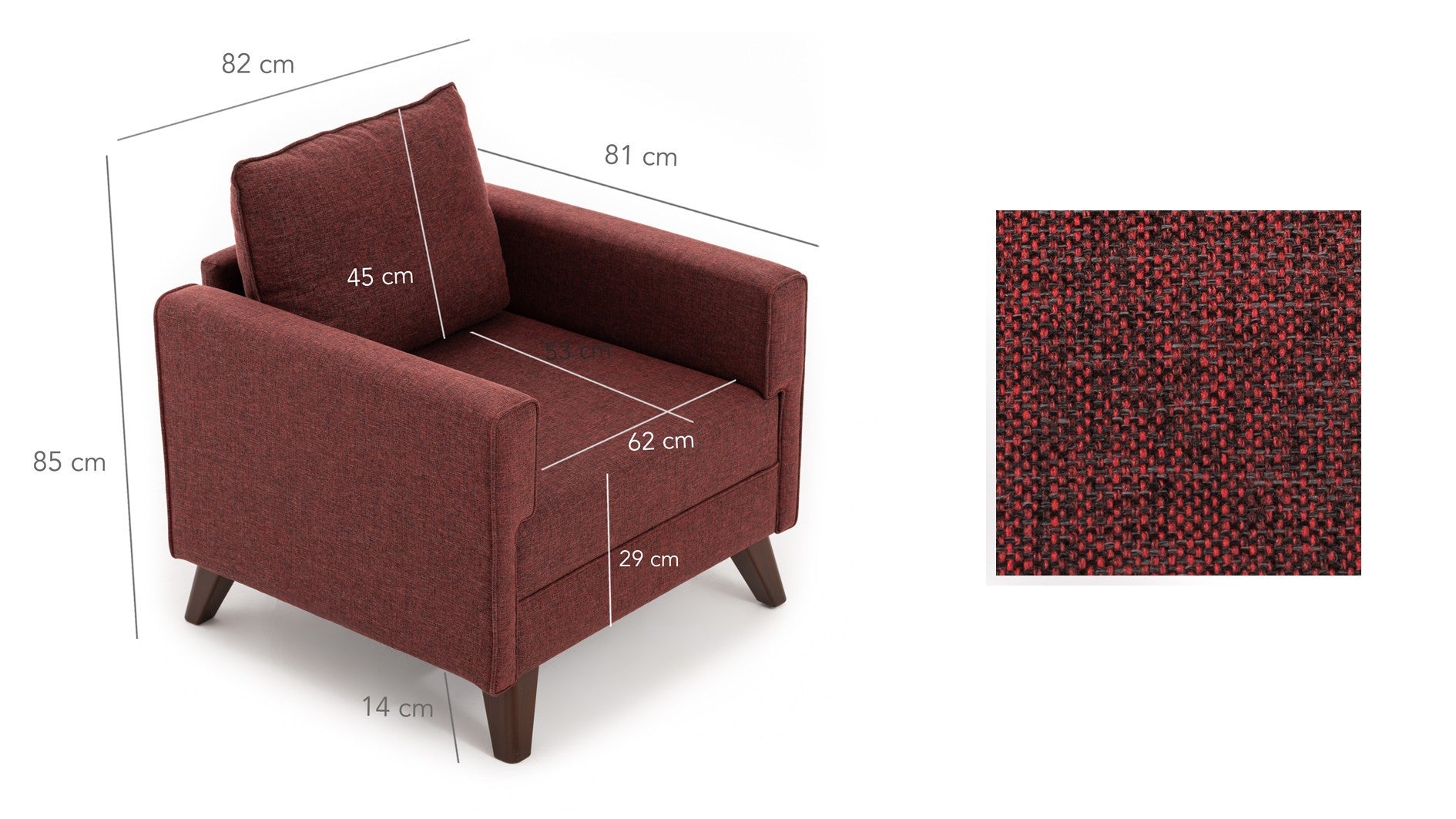 Sofá de 1 lugar vermelho Claret, design moderno, 82 x 85 x 81 cm | Estrutura de madeira/MDF durável, 100% poliéster, fácil de limpar, espuma confortável de 28 DNS | Elegante para casa e hotel