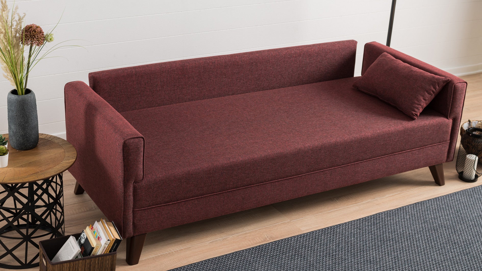 Sofá moderno de 3 lugares, vermelho clarete, 208 cm | Estrutura de madeira/MDF, 100% poliéster, tecido de fácil limpeza, espuma 28 DNS, elegante e confortável para casa e hotel