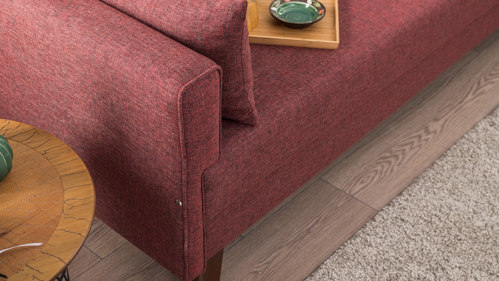 Sofá moderno de 3 lugares, vermelho clarete, 208 cm | Estrutura de madeira/MDF, 100% poliéster, tecido de fácil limpeza, espuma 28 DNS, elegante e confortável para casa e hotel