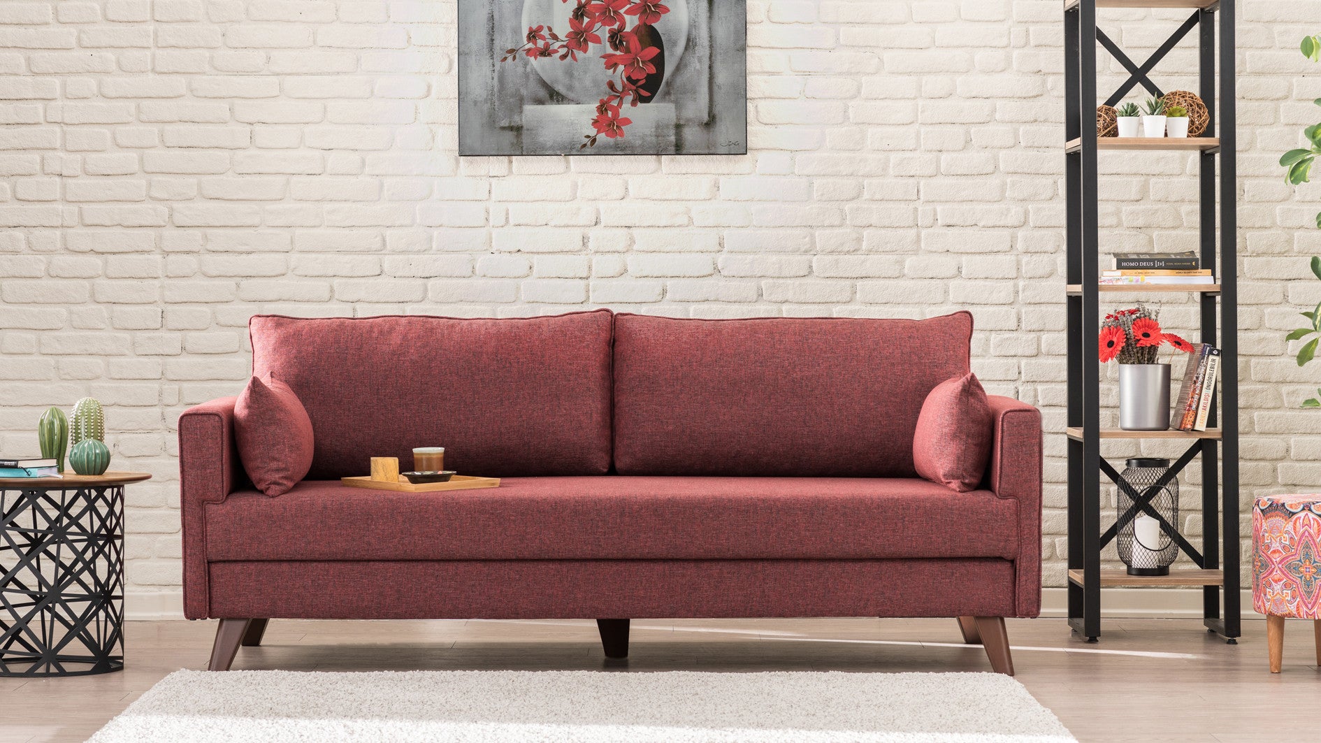 Sofá-cama vermelho Claret de 3 lugares, 208 cm | Estrutura de madeira/MDF, 100% poliéster, fácil de limpar | Tamanho da cama: 150 x 190 cm, design moderno, perfeito para casa e hotel