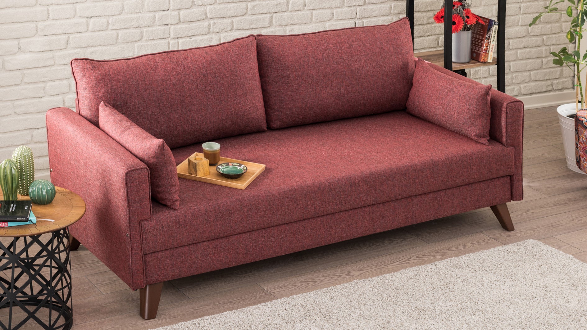 Sofá-cama vermelho Claret de 3 lugares, 208 cm | Estrutura de madeira/MDF, 100% poliéster, fácil de limpar | Tamanho da cama: 150 x 190 cm, design moderno, perfeito para casa e hotel