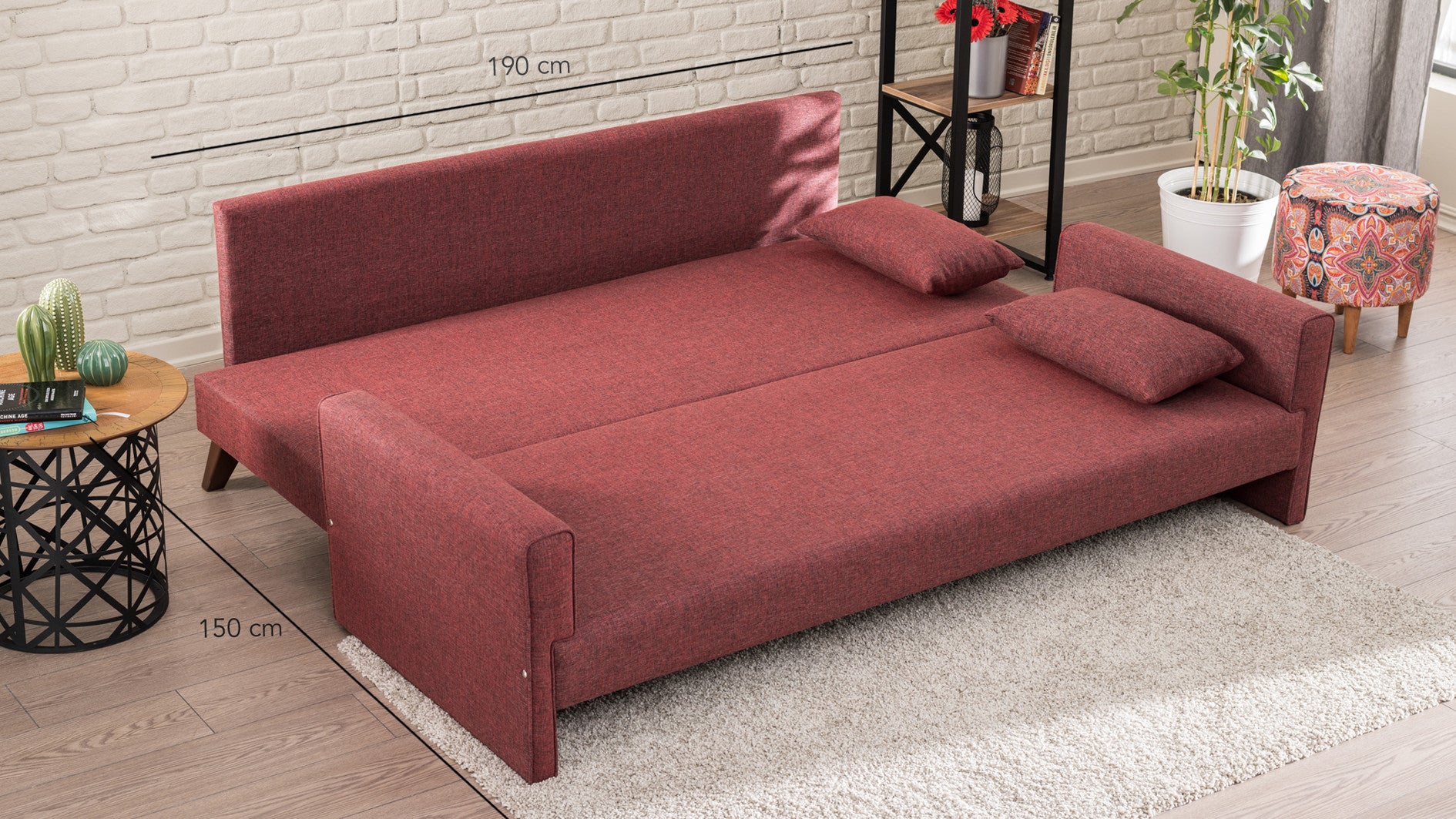 Sofá-cama vermelho Claret de 3 lugares, 208 cm | Estrutura de madeira/MDF, 100% poliéster, fácil de limpar | Tamanho da cama: 150 x 190 cm, design moderno, perfeito para casa e hotel