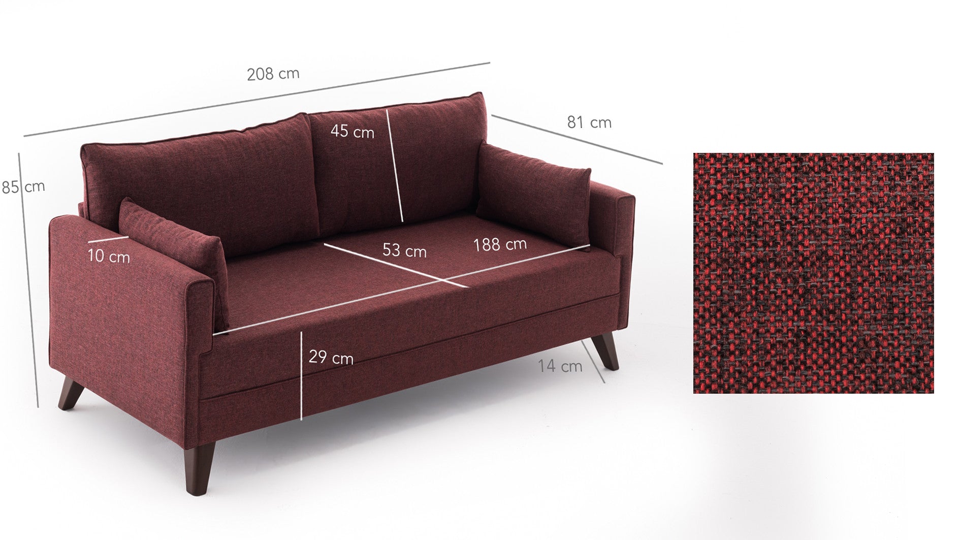 Sofá-cama vermelho Claret de 3 lugares, 208 cm | Estrutura de madeira/MDF, 100% poliéster, fácil de limpar | Tamanho da cama: 150 x 190 cm, design moderno, perfeito para casa e hotel