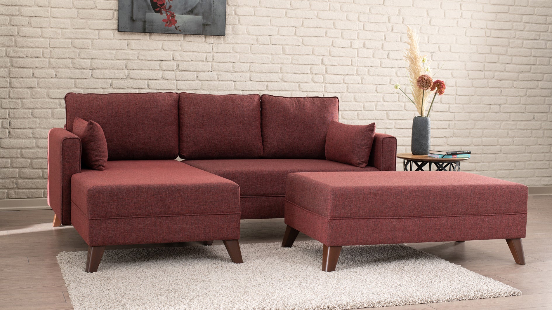Sofá-cama de canto vermelho Claret, 205 cm | Estrutura de madeira/MDF, 100% poliéster, fácil de limpar | Tamanho da cama: 140 x 80 cm, elegante e funcional para espaços modernos