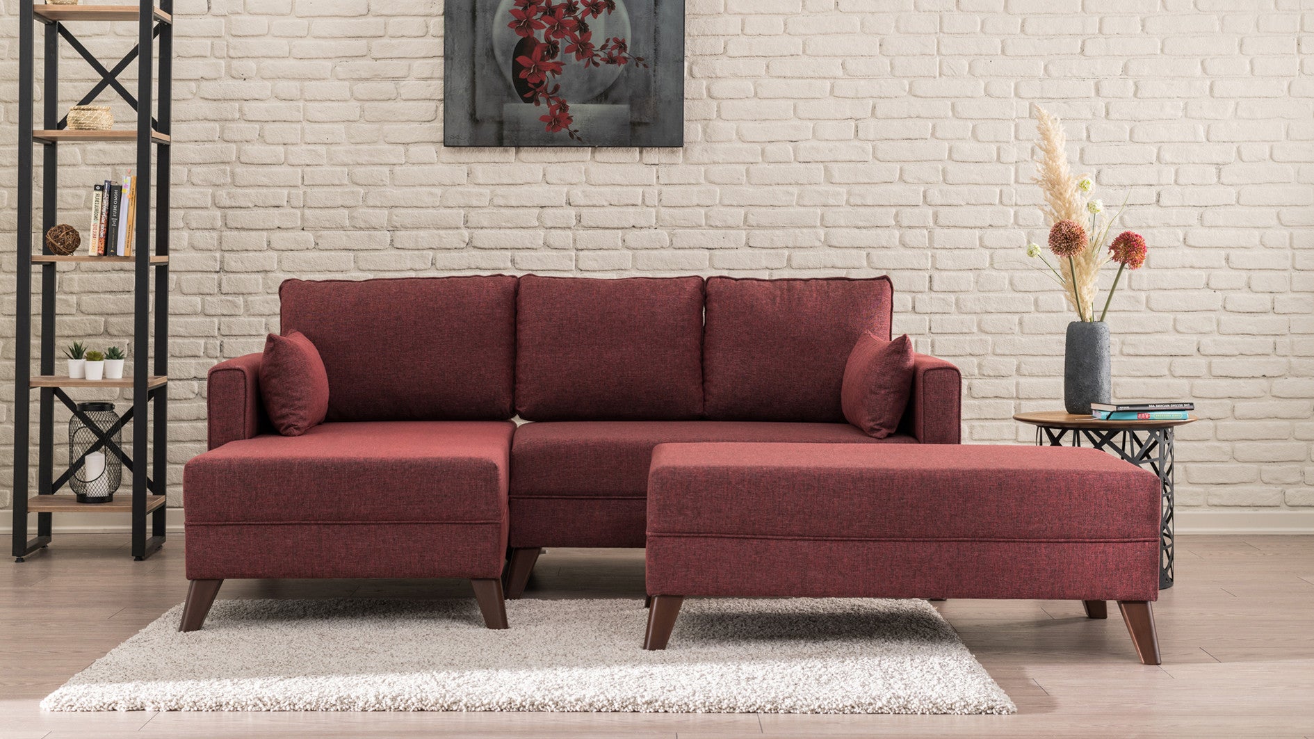 Sofá-cama de canto vermelho Claret, 205 cm | Estrutura de madeira/MDF, 100% poliéster, fácil de limpar | Tamanho da cama: 140 x 80 cm, elegante e funcional para espaços modernos