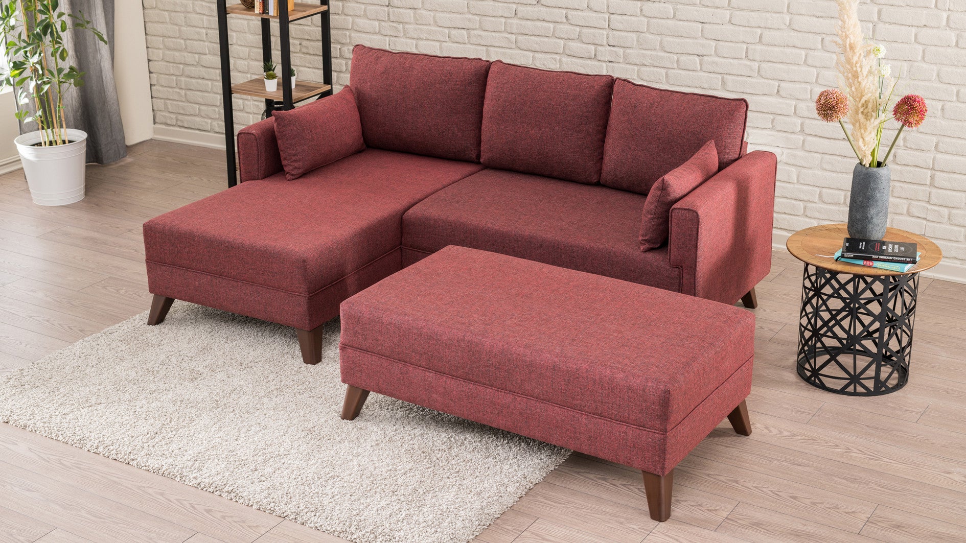 Sofá-cama de canto vermelho Claret, 205 cm | Estrutura de madeira/MDF, 100% poliéster, fácil de limpar | Tamanho da cama: 140 x 80 cm, elegante e funcional para espaços modernos