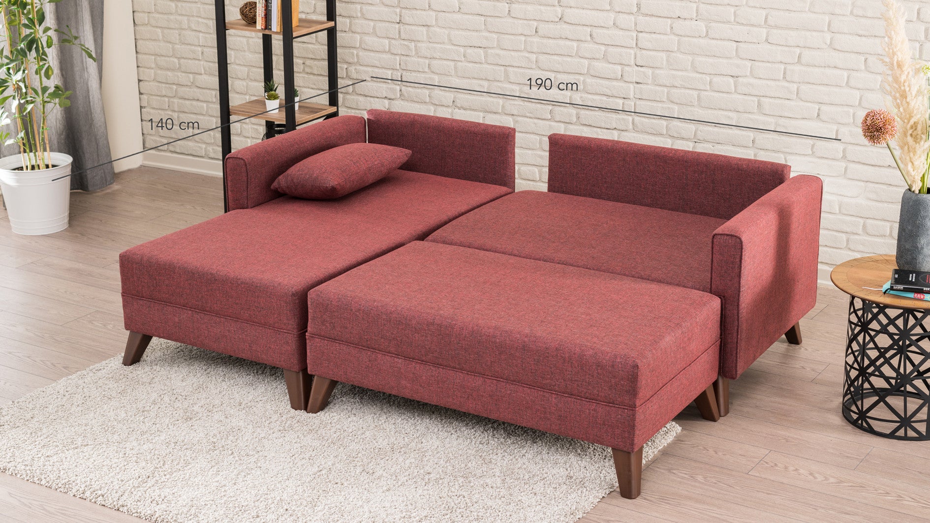 Sofá-cama de canto vermelho Claret, 205 cm | Estrutura de madeira/MDF, 100% poliéster, fácil de limpar | Tamanho da cama: 140 x 80 cm, elegante e funcional para espaços modernos