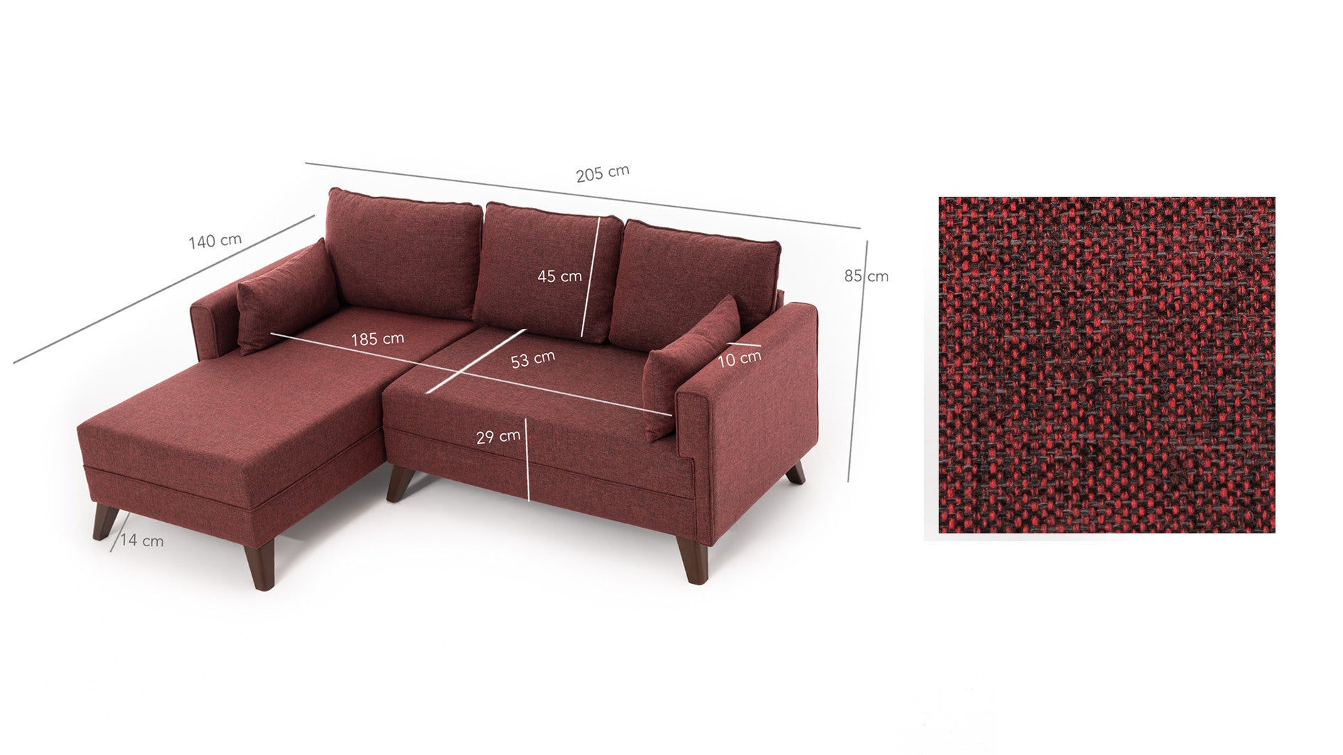 Sofá-cama de canto vermelho Claret, 205 cm | Estrutura de madeira/MDF, 100% poliéster, fácil de limpar | Tamanho da cama: 140 x 80 cm, elegante e funcional para espaços modernos
