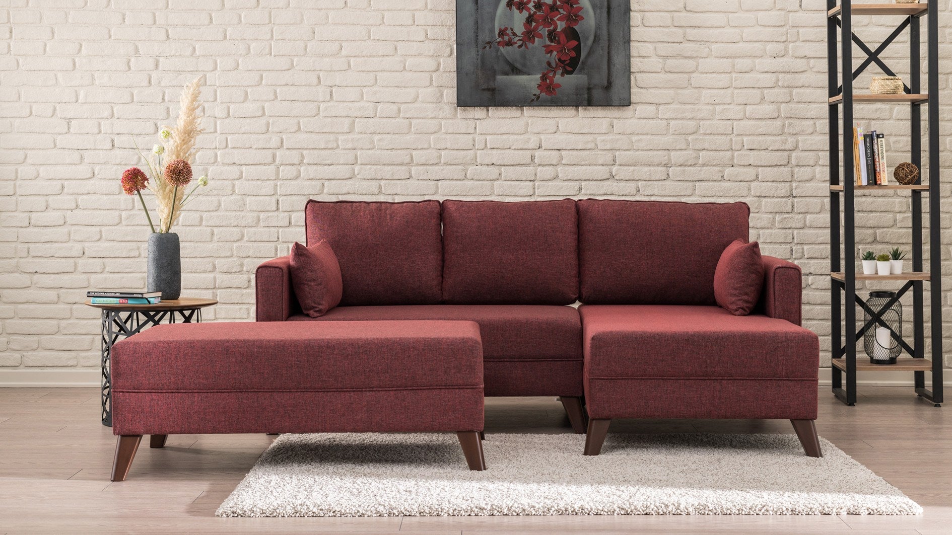 Sofá-cama de canto vermelho Claret, 205 cm | Estrutura de madeira/MDF, 100% poliéster, fácil de limpar | Tamanho da cama: 140 x 80 cm, elegante e funcional para espaços modernos