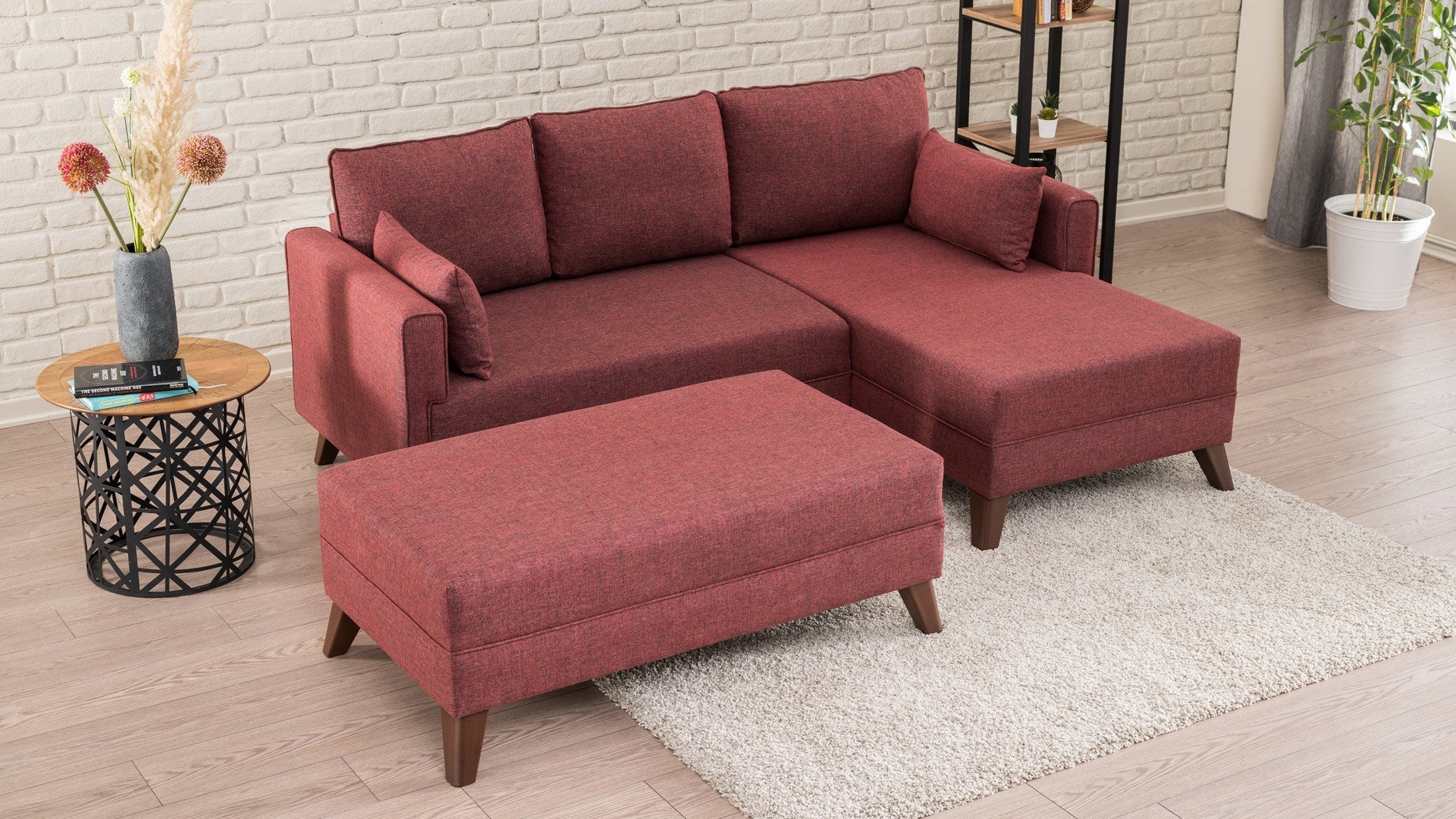 Sofá-cama de canto vermelho Claret, 205 cm | Estrutura de madeira/MDF, 100% poliéster, fácil de limpar | Tamanho da cama: 140 x 80 cm, elegante e funcional para espaços modernos