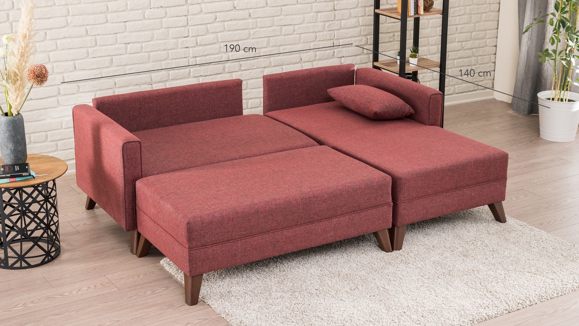 Sofá-cama de canto vermelho Claret, 205 cm | Estrutura de madeira/MDF, 100% poliéster, fácil de limpar | Tamanho da cama: 140 x 80 cm, elegante e funcional para espaços modernos
