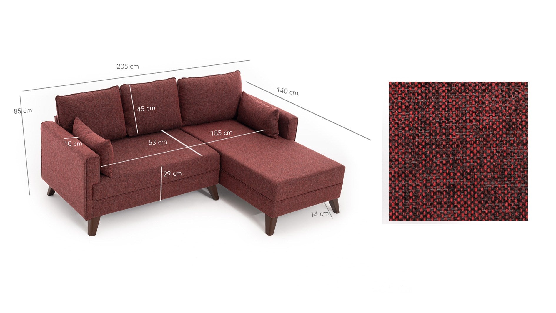 Sofá-cama de canto vermelho Claret, 205 cm | Estrutura de madeira/MDF, 100% poliéster, fácil de limpar | Tamanho da cama: 140 x 80 cm, elegante e funcional para espaços modernos