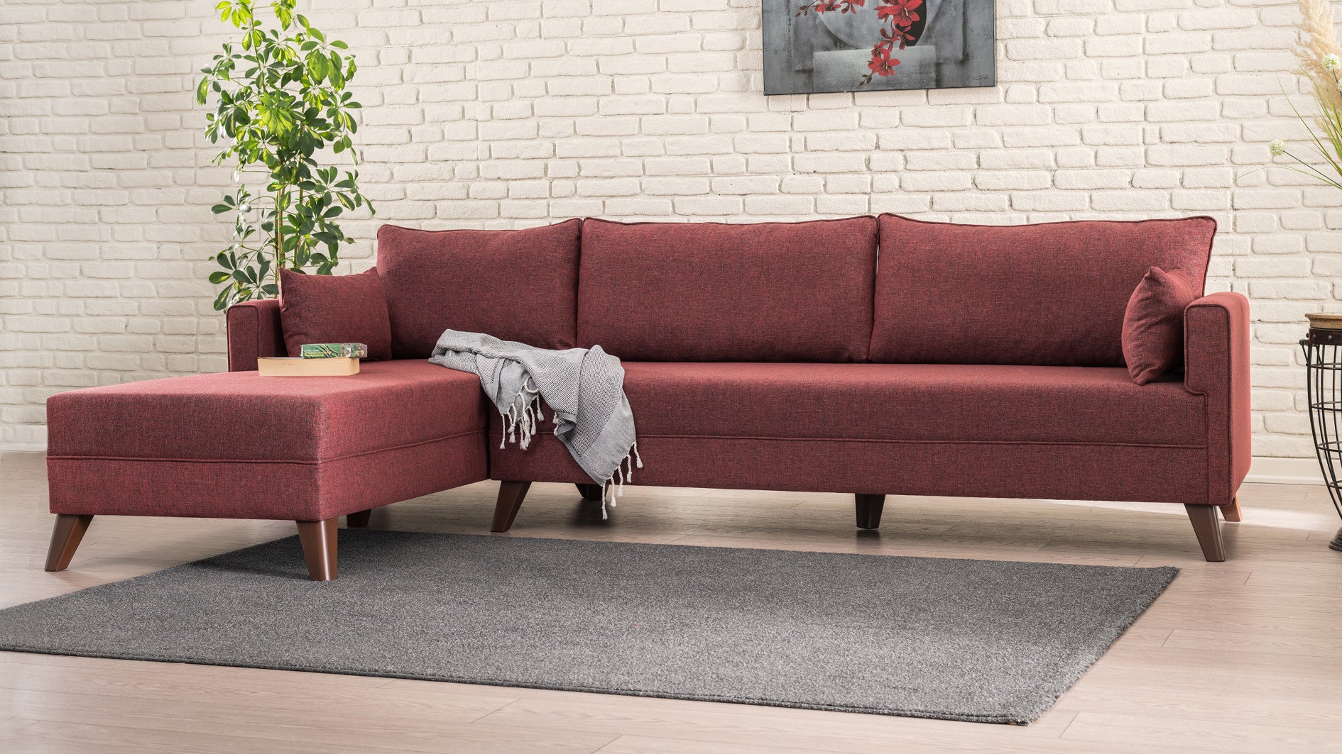 Sofá de Canto Claret Red, 275 cm | 100% poliéster, espuma 28 DNS, fácil de limpar | Elegante e confortável para salas de estar modernas, estrutura de madeira/MDF durável